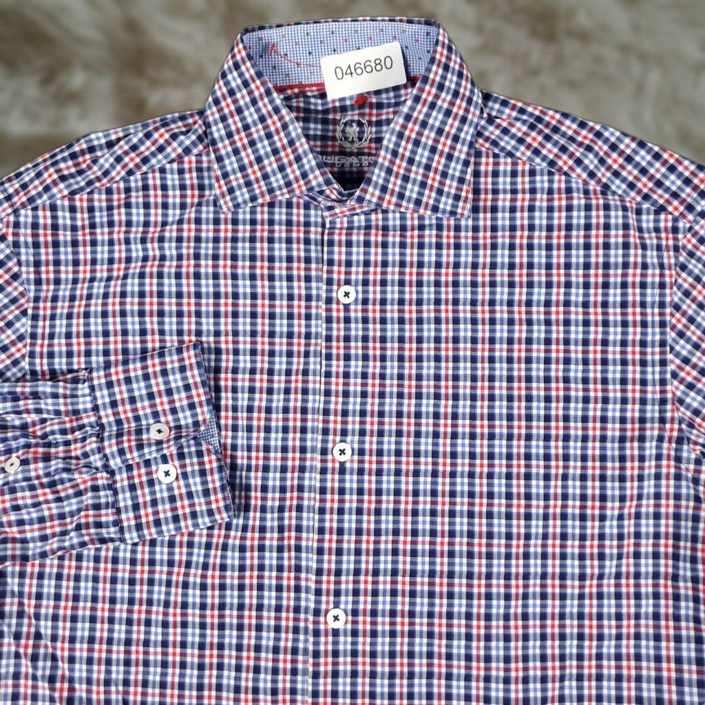 BUGATCHI Bugatchi Uomo Dress Shirt Mens 15 Blue Red Plaid Long Sleeve Button Up Size 40R - 1 Thumbnail