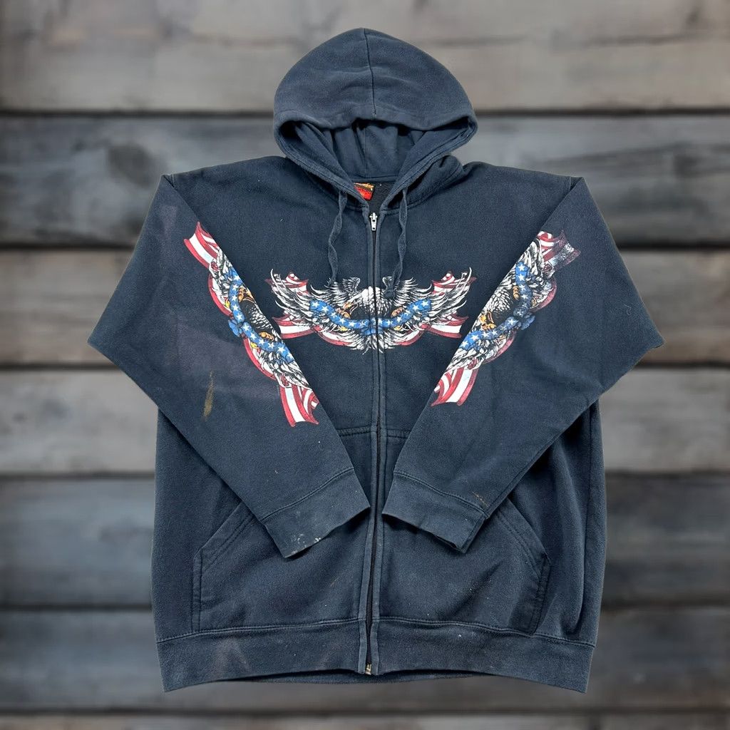Vintage VINTAGE Hot Leathers Hoodie Men L Black Full Zip Eagle Cotton Biker USA Flag Y2K Mens Size US L / EU 52-54 / 3 - 1 Thumbnail