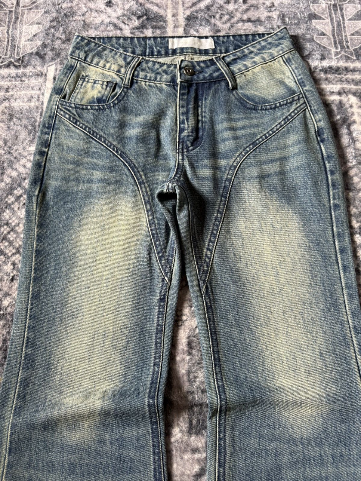 GOSTAR DE FUGA Japanese Brand Paneled Green Mud Wash Flared Jeans Size 27" / US 4 / IT 40 - 3 Thumbnail