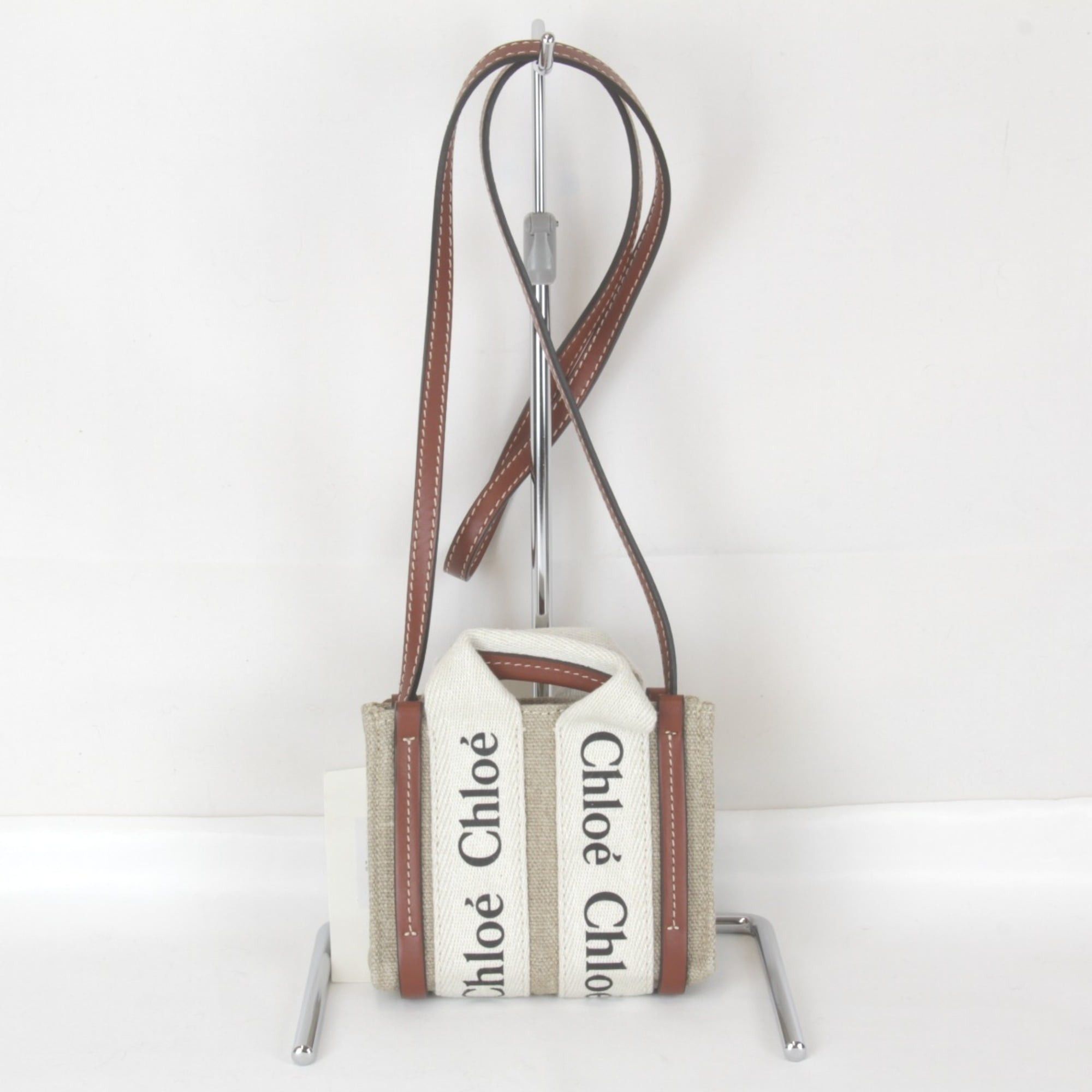 Chloe Chloé Chloe Woody Nano Tote Bag with Tag and Strap, Linen/Cotton/Leather, Beige, Women's Size ONE SIZE - 1 Thumbnail