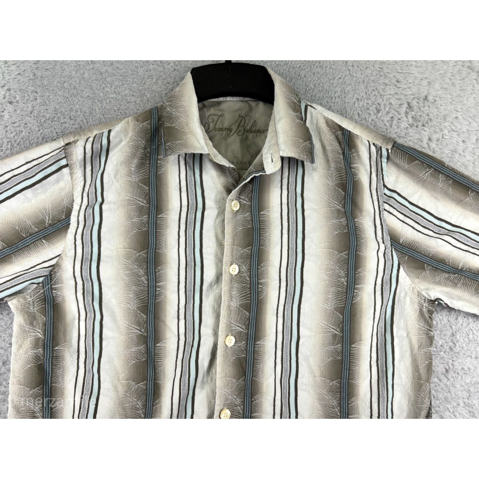 Tommy Bahama Tommy Bahama Shirt Mens Small Beige Vertical Striped Floral Cotton Silk Blend Shirt Size US S / EU 44-46 / 1 - 4 Thumbnail