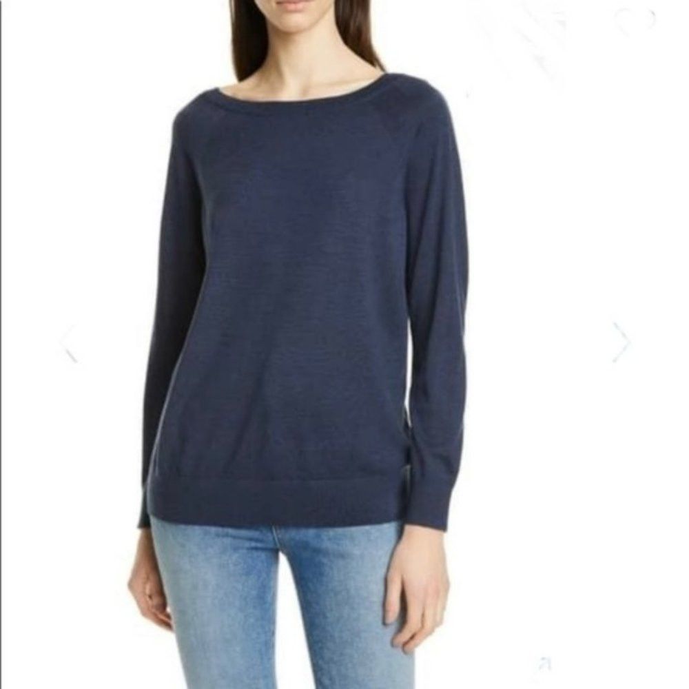 NWT New $265 Theory Relaxed Boatneck Merino Wool Blue Sweat