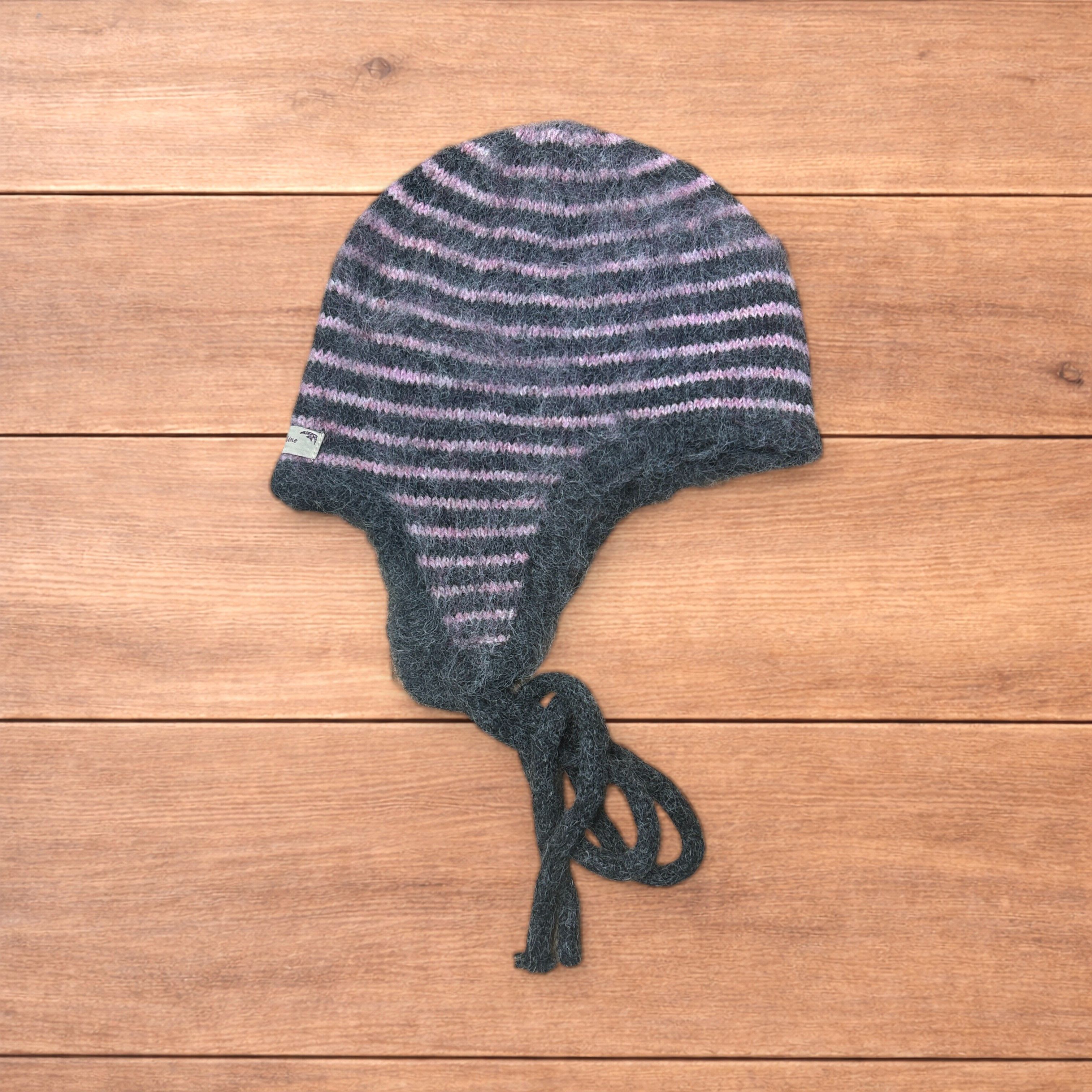Japanese Brand Vintage style knitted ear flap bonnet in pink/grey stripes. Size ONE SIZE - 6 Thumbnail