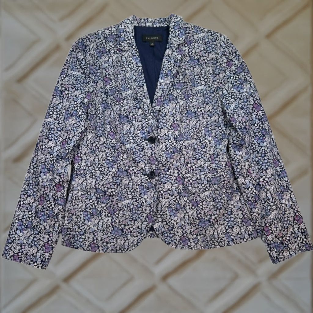 Talbots EUC Talbots Blazer Cotton Two Button Jacket Womens 8 Floral Notched Lapel LinedPockets Spring Summer Blue - Womens Blazer Size M / US 6-8 / IT 42-44 - 1 Thumbnail