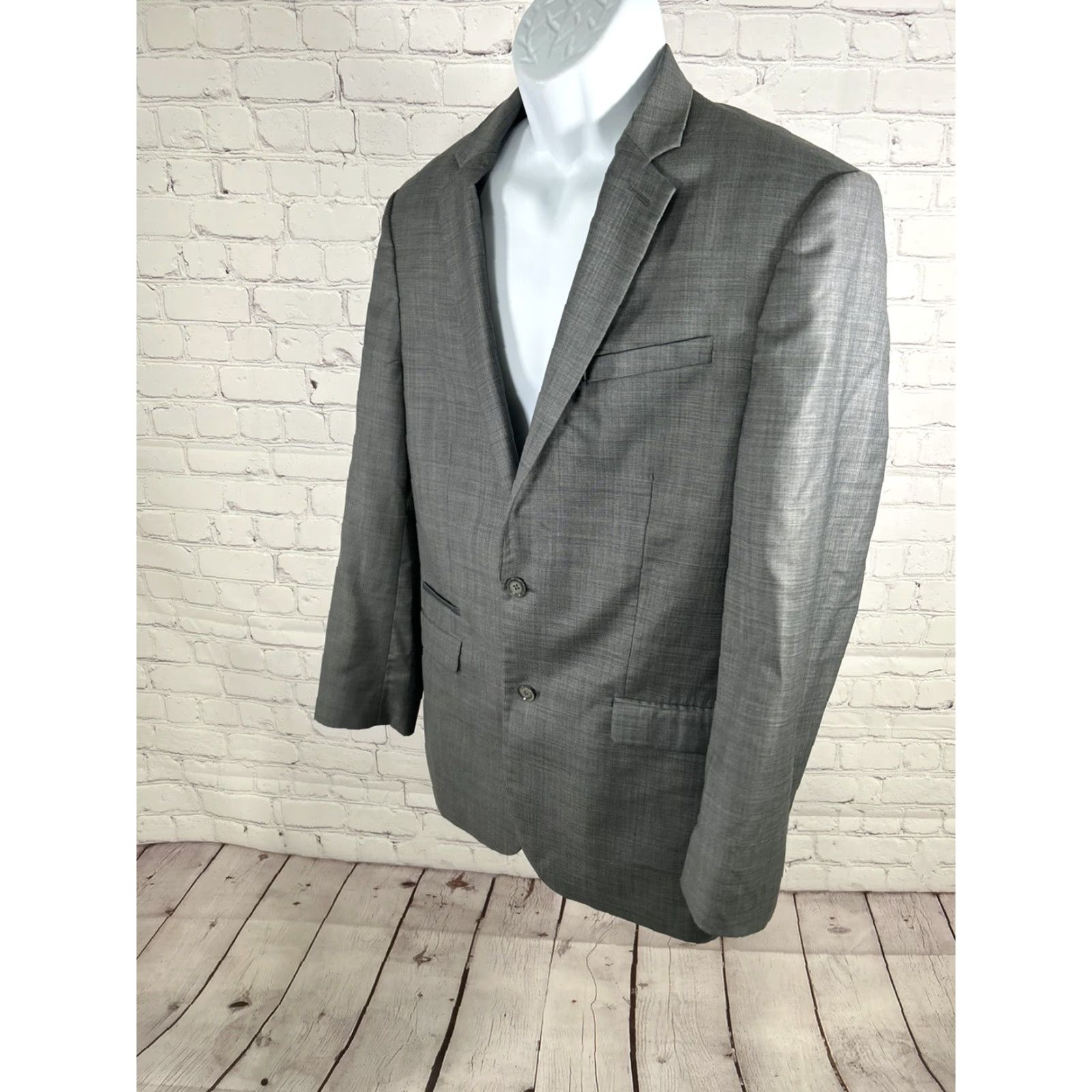 Express Express Blazer Jacket Coat Gray Wool Blend Two-Button Single-Breasted Notch Lapel Plaid Slim 40 Mens Polo? Wait. Size 40R - 3 Thumbnail