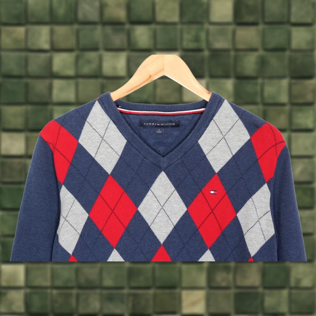 Tommy Hilfiger TOMMY HILFIGER Jumper Sweater Men Size M Cotton V Neck Check VR3469 Size US M / EU 48-50 / 2 - 1 Thumbnail