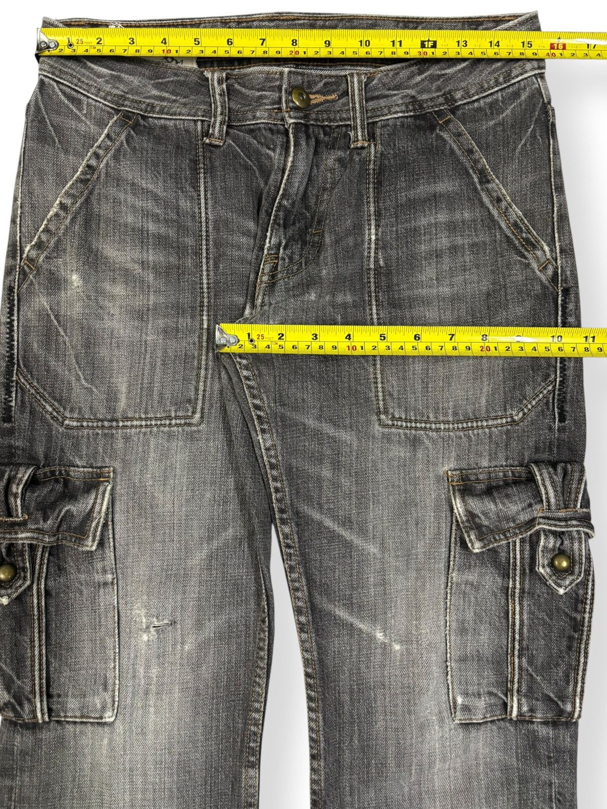 Le Grande Bleu (L.G.B.) Japanese Brand Black Faded Bootcut Distressed Cargo Jeans Size US 31 - 14 Thumbnail