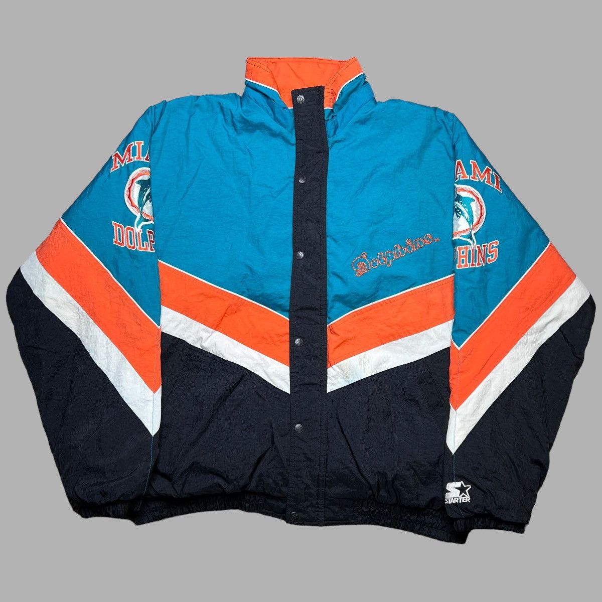 NFL × Starter × Vintage Vtg 1990s NFL Miami Dolphins Zip Up Starter Puffer Jacket Size US XL / EU 56 / 4 - 1 Thumbnail