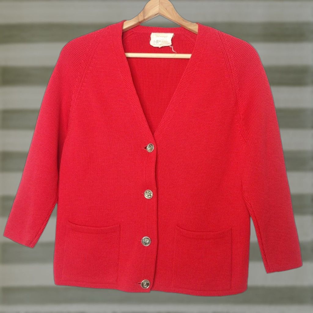 Vintage VINTAGE LeRoy Knitwear Cardigan Sweater S Red Virgin Wool Cardigan V Neck Button Size S / US 4 / IT 40 - 1 Thumbnail