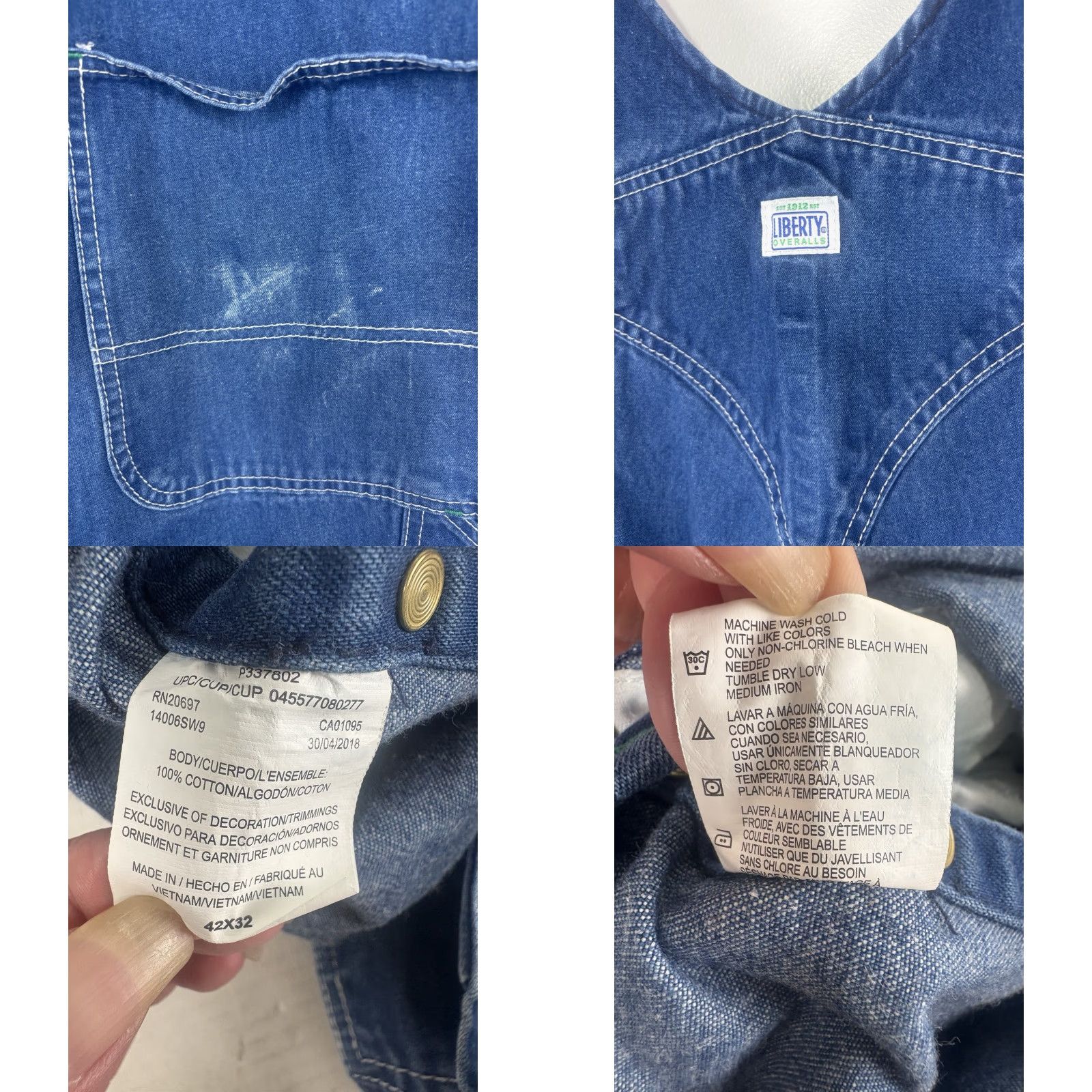 Vintage Liberty Men’s Denim Bib Overalls 42X32 Mid Rise Blue 90s USA Workwear Size US 42 / EU 58 - 8 Thumbnail