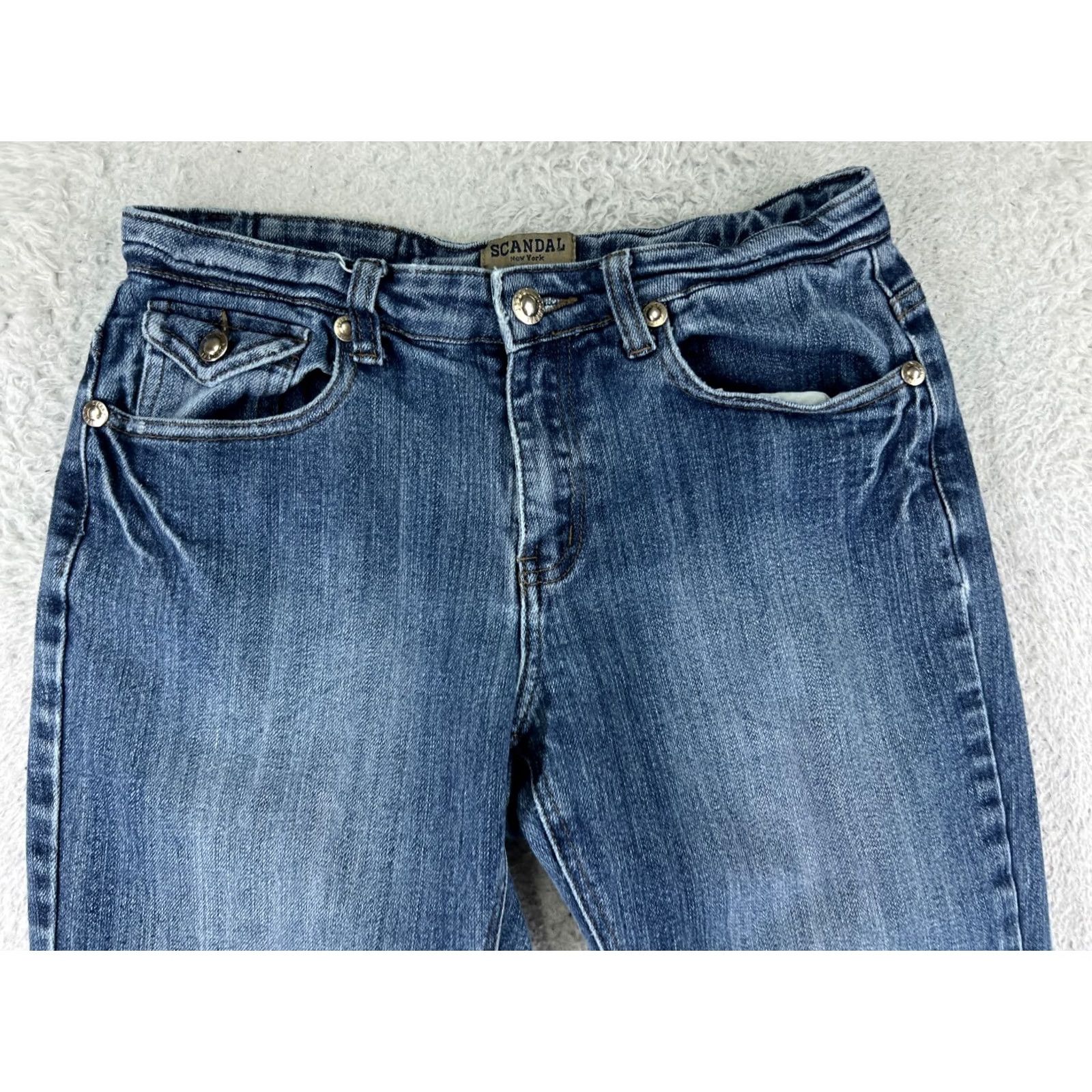 Vintage Scandal Jeans Women Bootcut Denim 5-Pocket Blue Mid Rise 28 Inseam 30 Cotton Blend Stretch Distressed Embroidered Zipper Modern Casual Womens Jeans Size 28" / US 6 / IT 42 - 7 Thumbnail