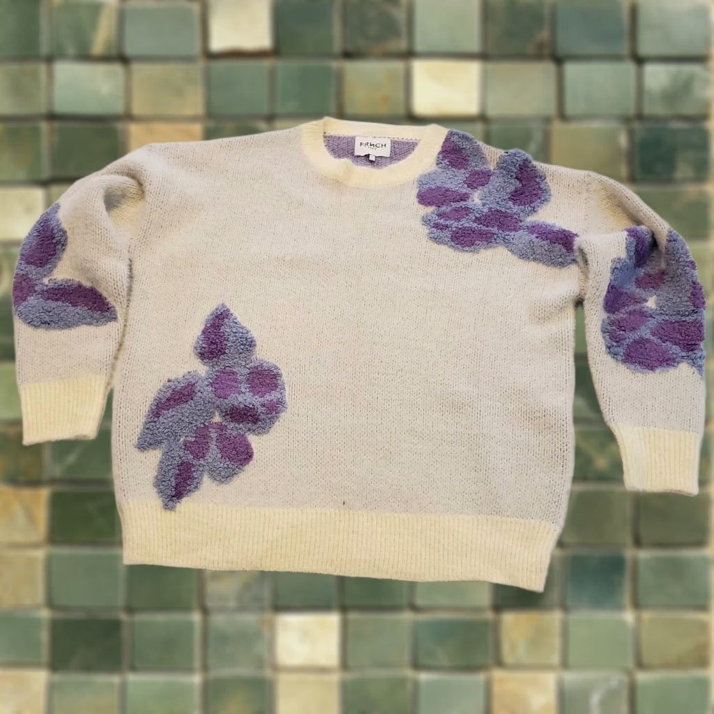 Vintage FRNCH womens Floral Sweater White Purple Sz S Embroidered Applique Preppy Boho Size S / US 4 / IT 40 - 1 Thumbnail