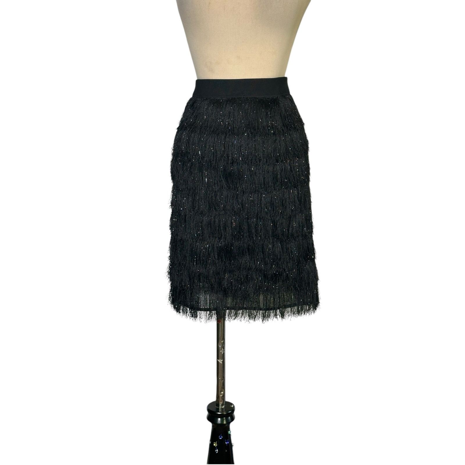 BCBGMaxAzria black metallic fringe skirt size large