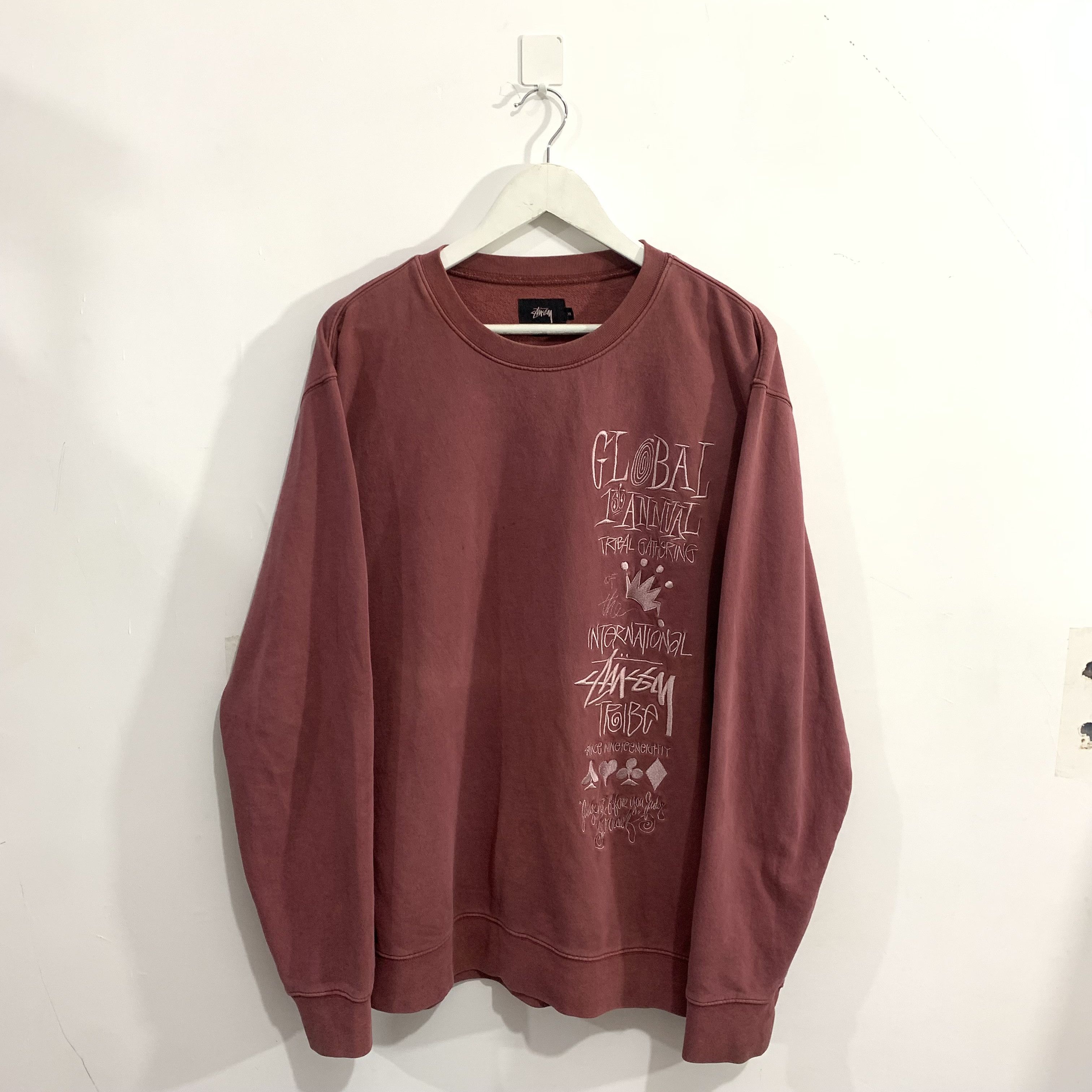 image of Stussy Anniversary Embroidery Sweatshirt Crewneck in Maroon Overwash, Men's (Size XL)