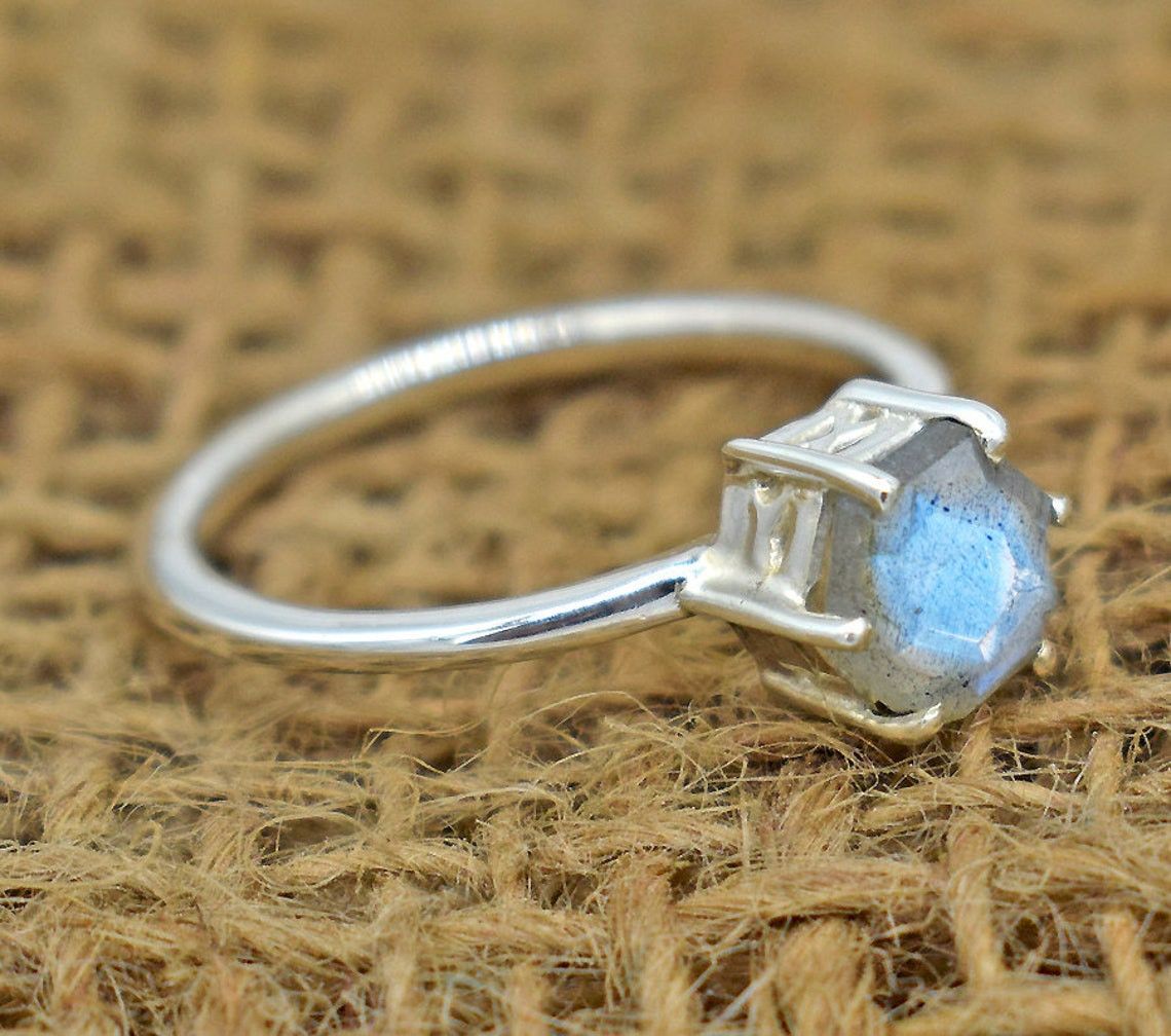 Handmade Blue Labradorite 925 Sterling Silver Ring: Boho Tiny Jewelry Size ONE SIZE - 2 Thumbnail