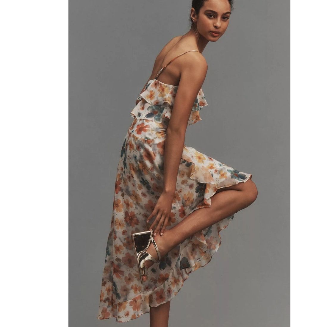 Anthropologie NWT Sleeveless Asymmetric Ruffled Midi Dress $168 XS Floral Size XS / US 0-2 / IT 36-38 - 3 Thumbnail