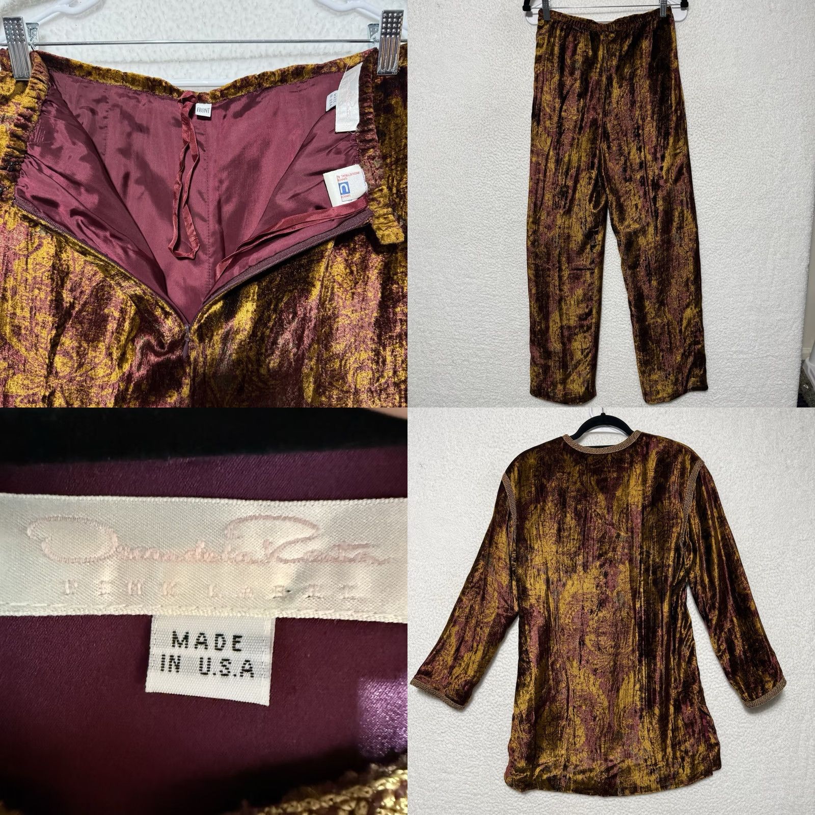 Oscar De La Renta VTG Oscar de la Renta Pink Label 2 Piece Crushed Velvet Union Made Outfit Top & Pants Set Women 1990s Burgundy Gold Velvet Eveningwear USA reads* Size ONE SIZE - 8 Thumbnail