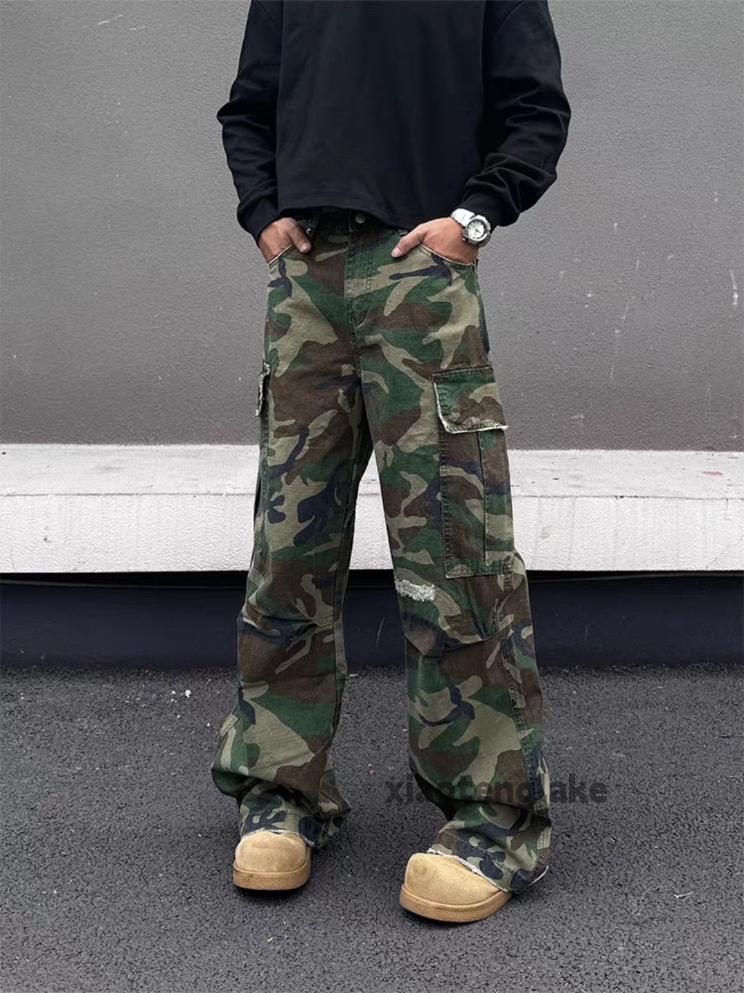 utility military loose baggy damaged camo cargo pants
