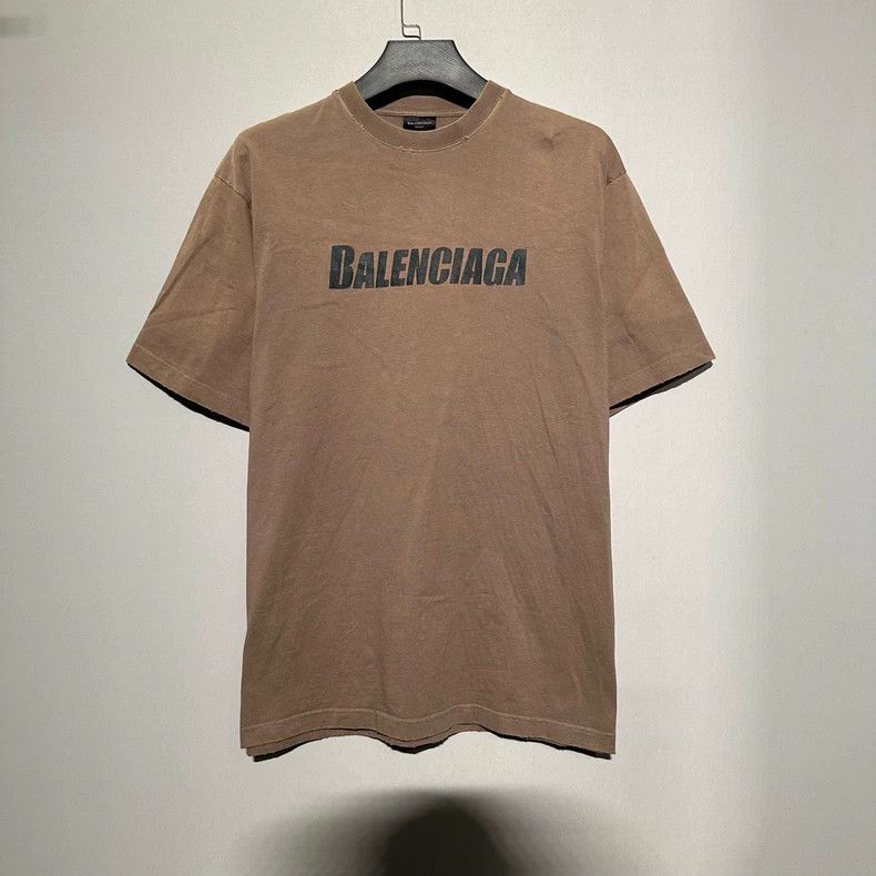 Balenciaga Dark Brown Distressed Chest Logo Short Sleeve