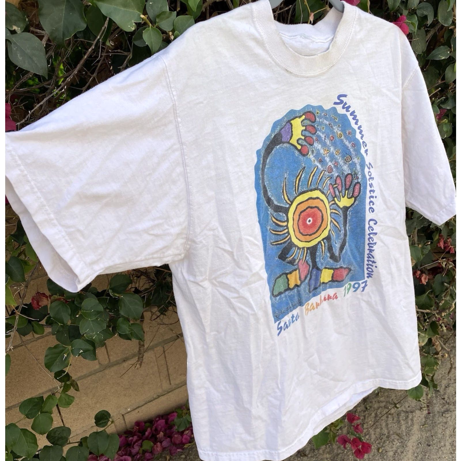 Vintage VINTAGE Summer Solstice Celebration Santa Barbara 1997 T Shirt Single Stitch Worn 1990s XL White Cotton 90s California Mens Shirts Size US XL / EU 56 / 4 - 3 Thumbnail