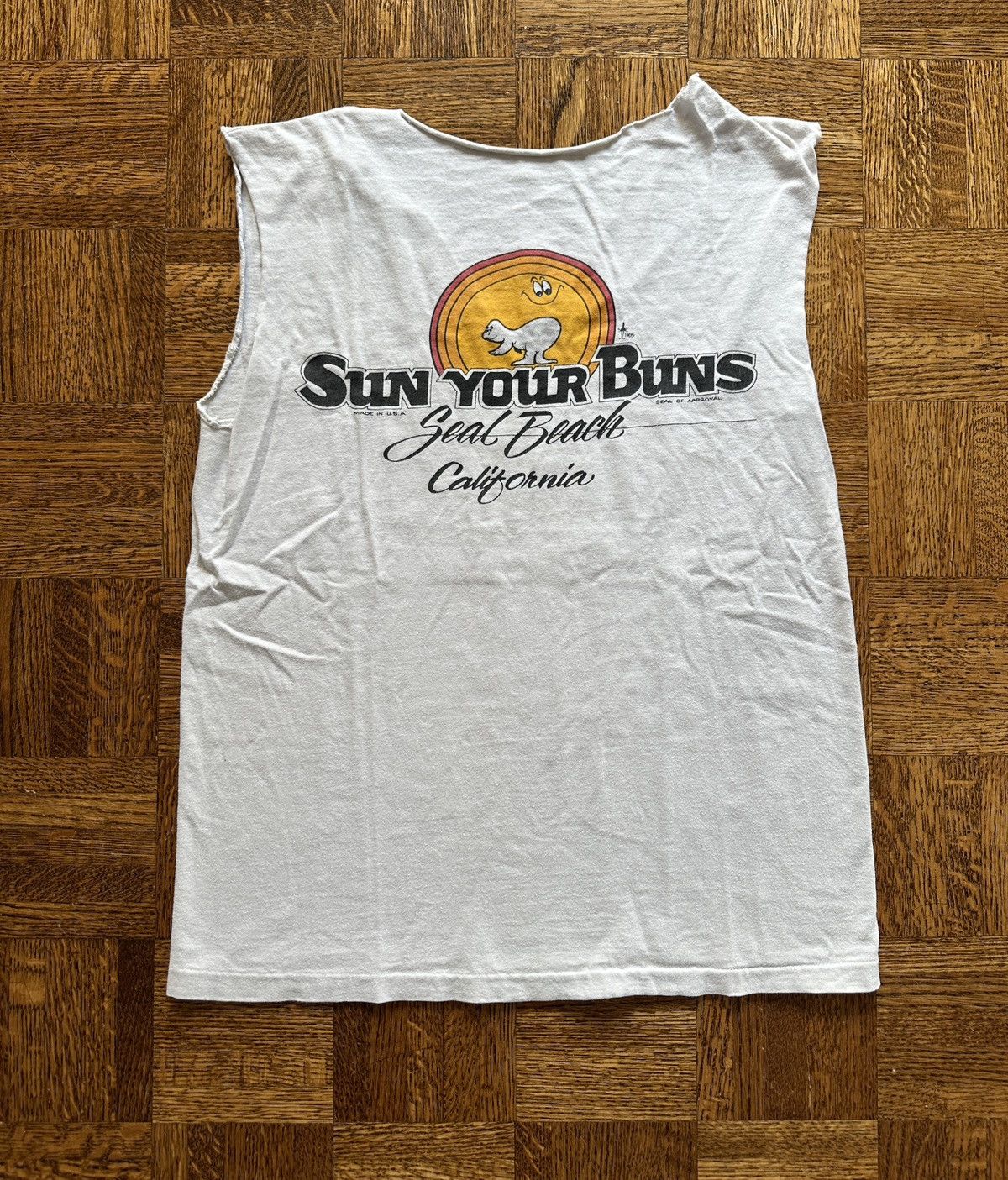 Vintage 80s Sun Your Buns Seal Beach Cutoff Graphic Tee