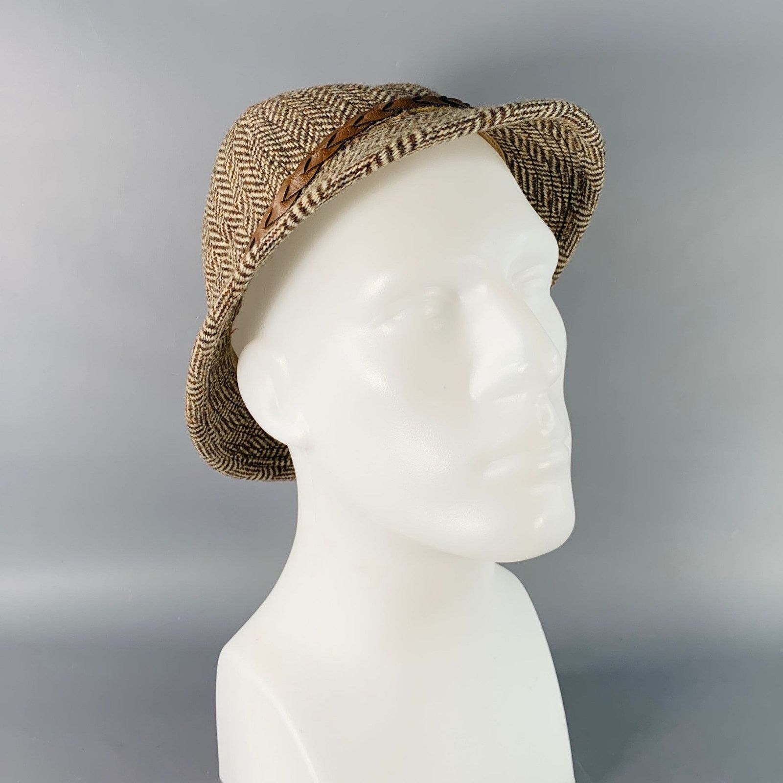 Other Brown Beige Herringbone Braided Leather Trim Fabric Hat Size ONE SIZE - 2 Thumbnail