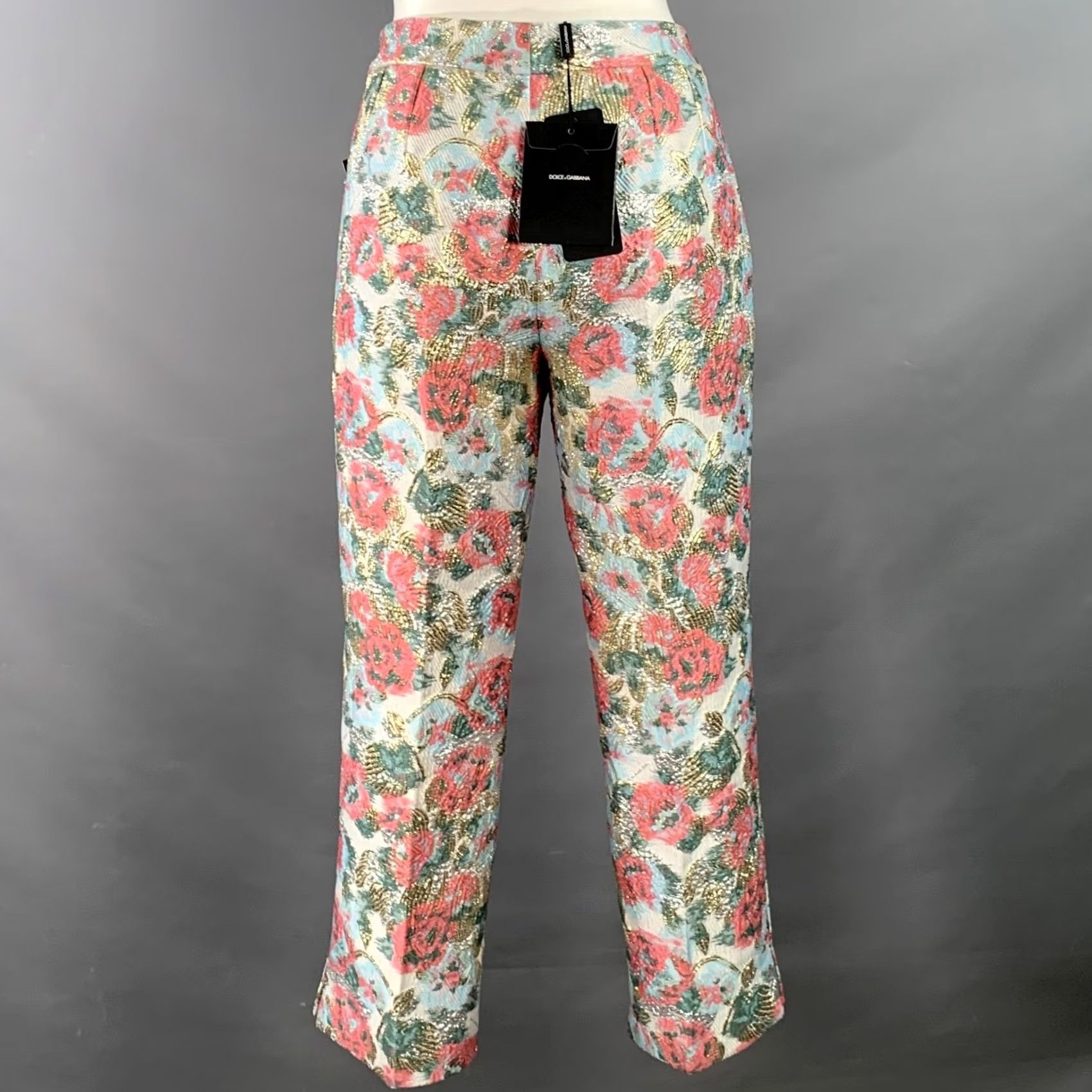 Dolce & Gabbana DOLCE & GABBANA Size 6 White Pink Jacquard Floral Capri Dress Pants Size 28" / US 6 / IT 42 - 3 Thumbnail