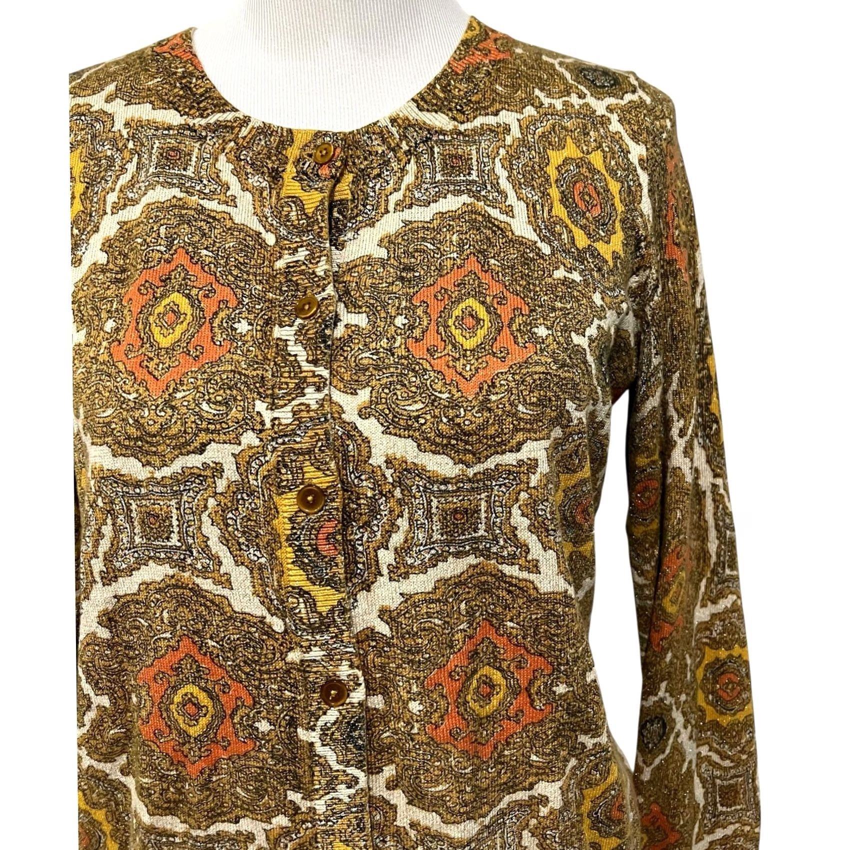 Talbots Talbots Cardigan Sweater Medallion Metallic Tapestry Print Lightweight Gold Sz M Womens Knit Crew Neck Long Sleeve Size M / US 6-8 / IT 42-44 - 3 Thumbnail