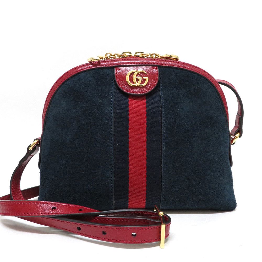 Gucci Suede Leather Off Deer Sherry Line Shoulder Bag Navy Red