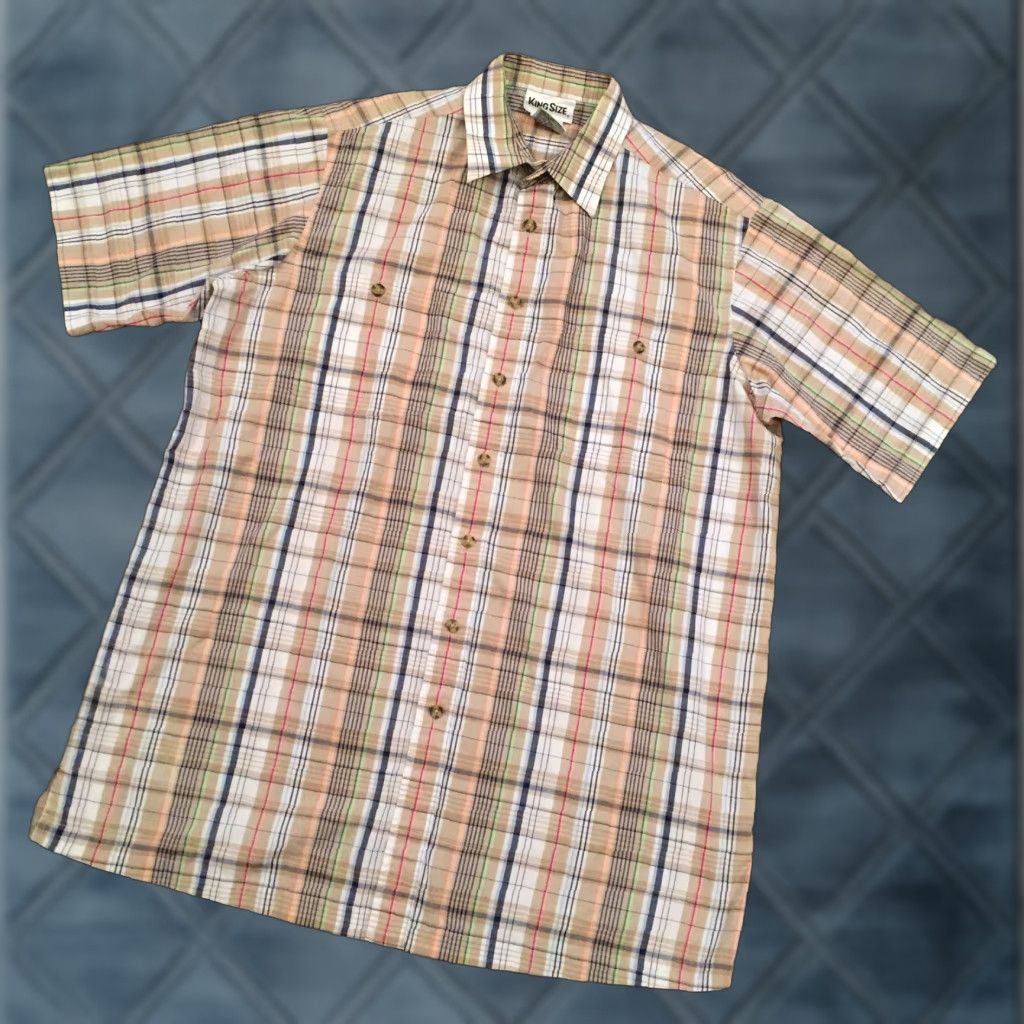 Vintage Kingsize Shirt Mens Large Beige Green Plaid Short Sleeve Button Up Size US L / EU 52-54 / 3 - 1 Thumbnail