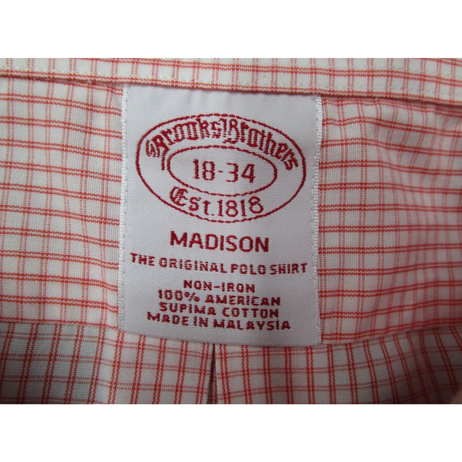 Brooks Brothers BROOKS BROTHERS Dress Shirt Madison Mens 18 34 Red Check Non-Iron Button-Down Collar - Twill 100% Supima Cotton, Regular Fit Size 34R - 3 Thumbnail