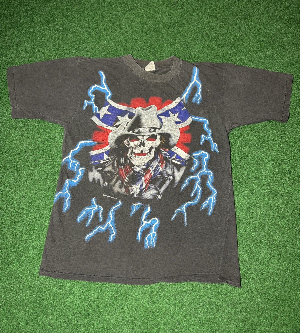 Vintage Vtg 90s American Thunder Rebel Skull Cowboy Biker T Shirt Size US M / EU 48-50 / 2 - 1 Thumbnail