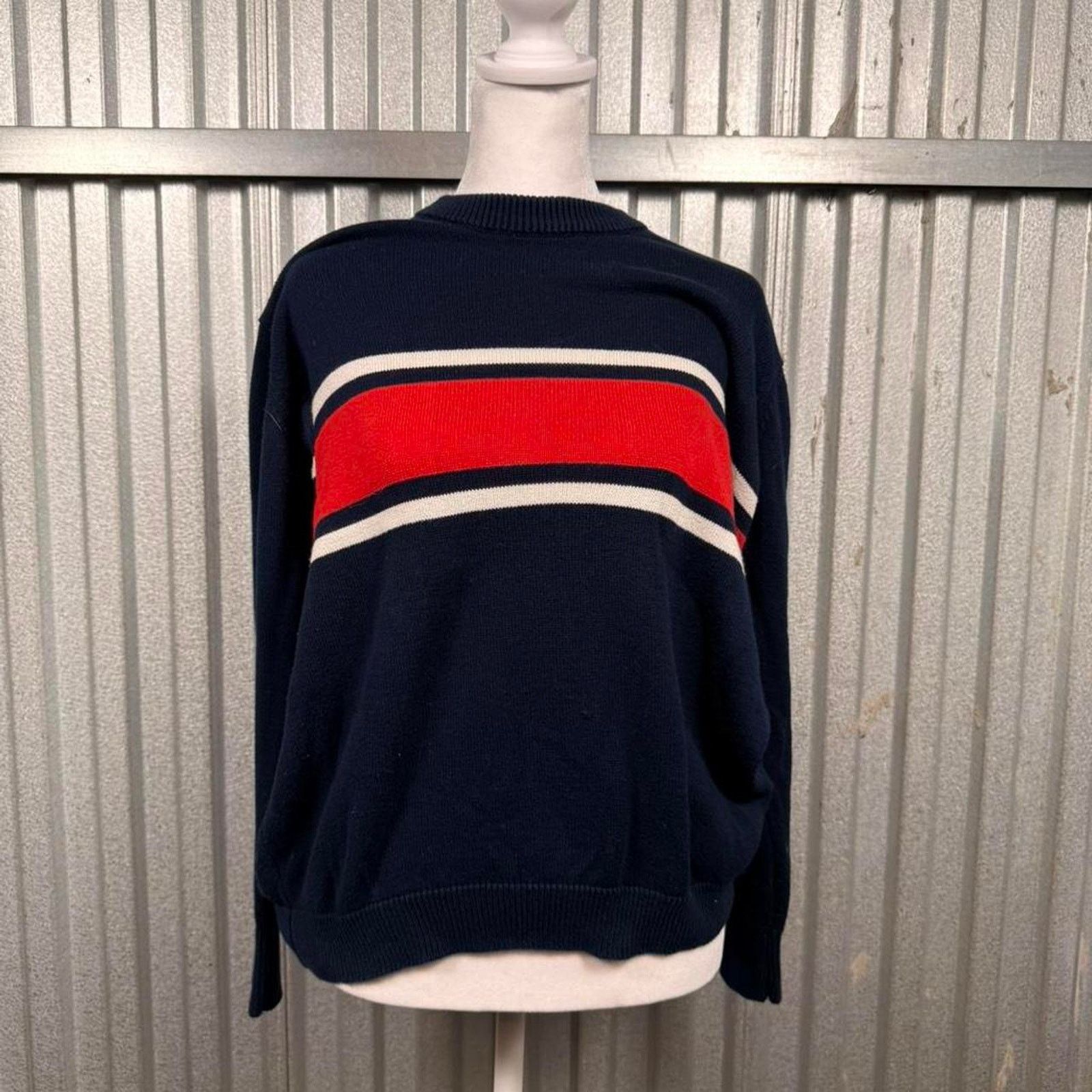 Brandy Melville Navy blue striped sweater with red and white stripes Size L / US 10 / IT 46 - 1 Thumbnail