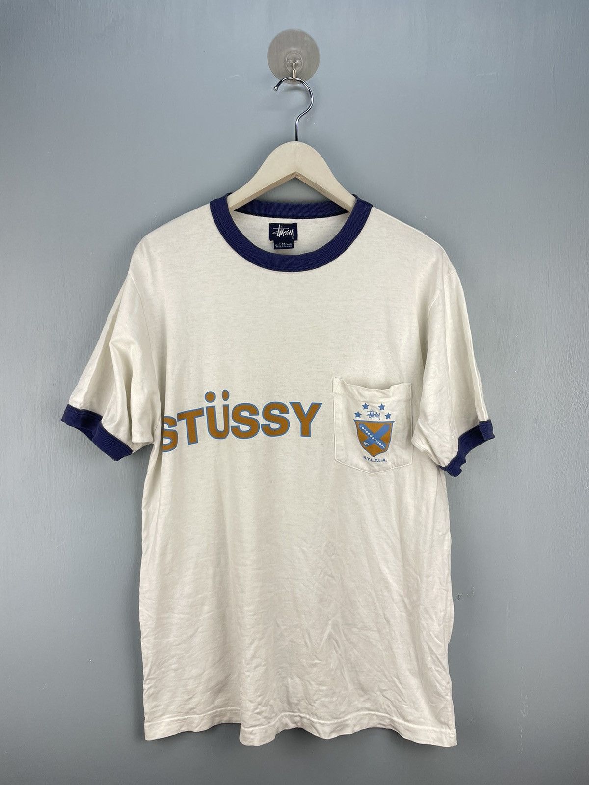 image of 90's Stussy International Nyltla Ringer Pocket Tee in White, Men's (Size Medium)