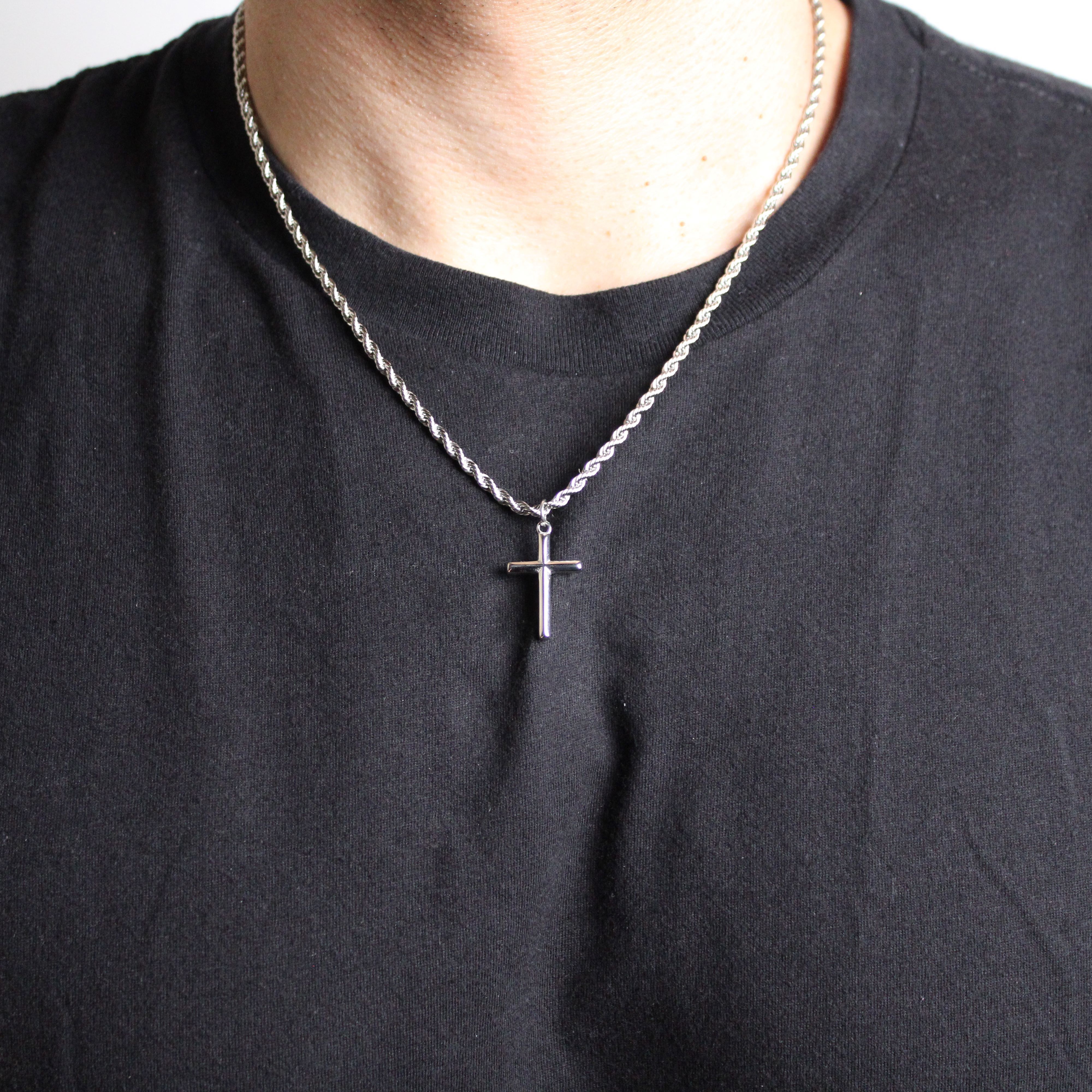 Jewelry Silver Cross Pendant Necklace With Rope Chain Size ONE SIZE - 4 Thumbnail