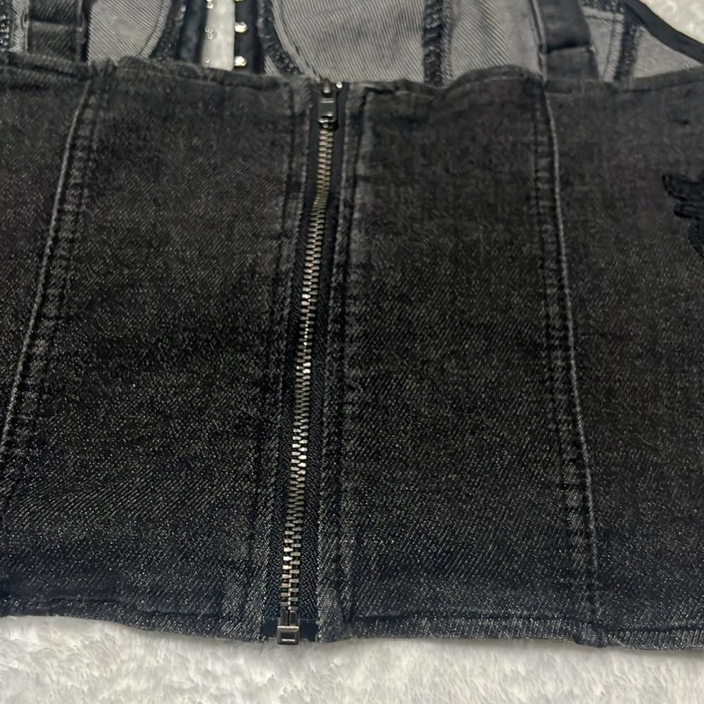 Designer Boho harmony corset crop top denim lace vintage lace crochet Size XXL / US 16-18 / IT 52-54 - 6 Thumbnail