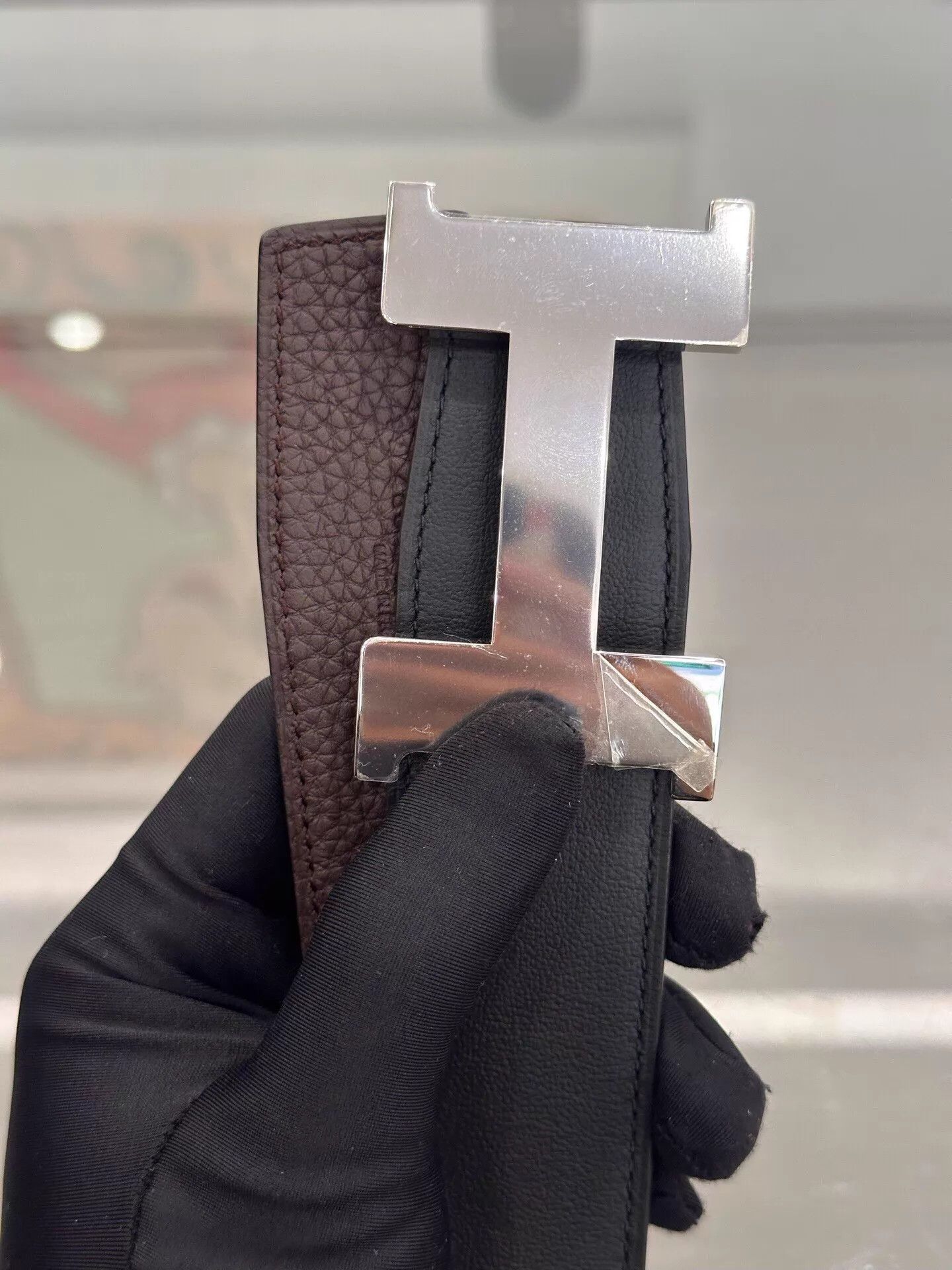 Hermes Hermes Men's Black & Burgundy H Logo Silver Buckle Belt 95 Size ONE SIZE - 4 Thumbnail