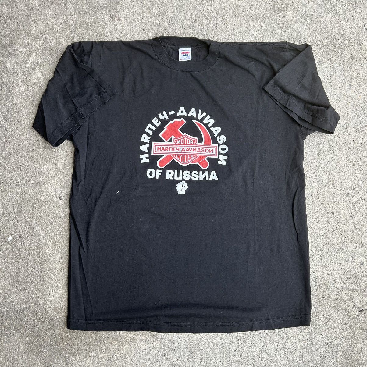 image of 1980S Harley Davidson Of Russia Sickle Graphic T-Shirt in Black, Men's (Size XL)