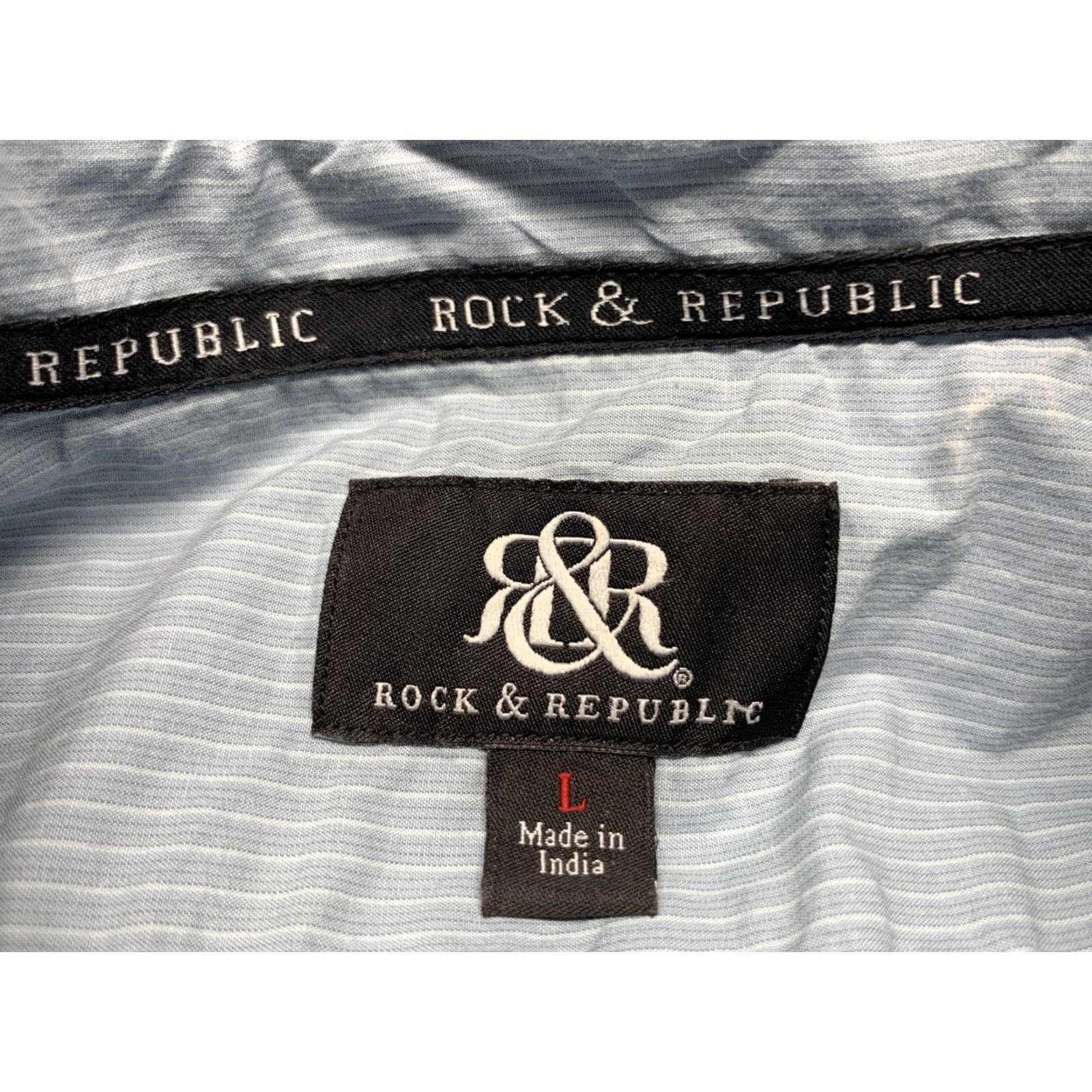 Vintage Rock & Republic Blue Striped Short Sleeve Button-Up Shirt Adult Large L Cotton Pockets Casual Mens Size US L / EU 52-54 / 3 - 7 Thumbnail
