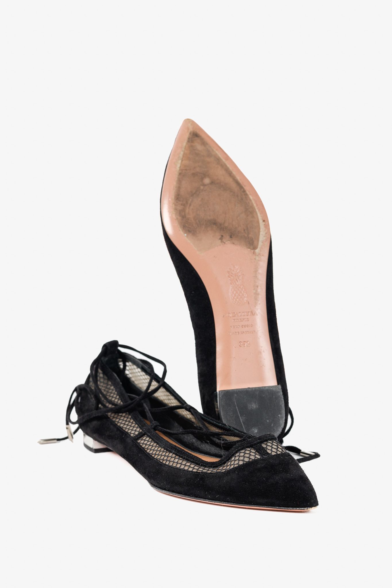 Aquazzura Aquazzura Dalia Black Suede & Mesh Ankle-Tie Ballet Flats Size US 9 / IT 39 - 4 Thumbnail