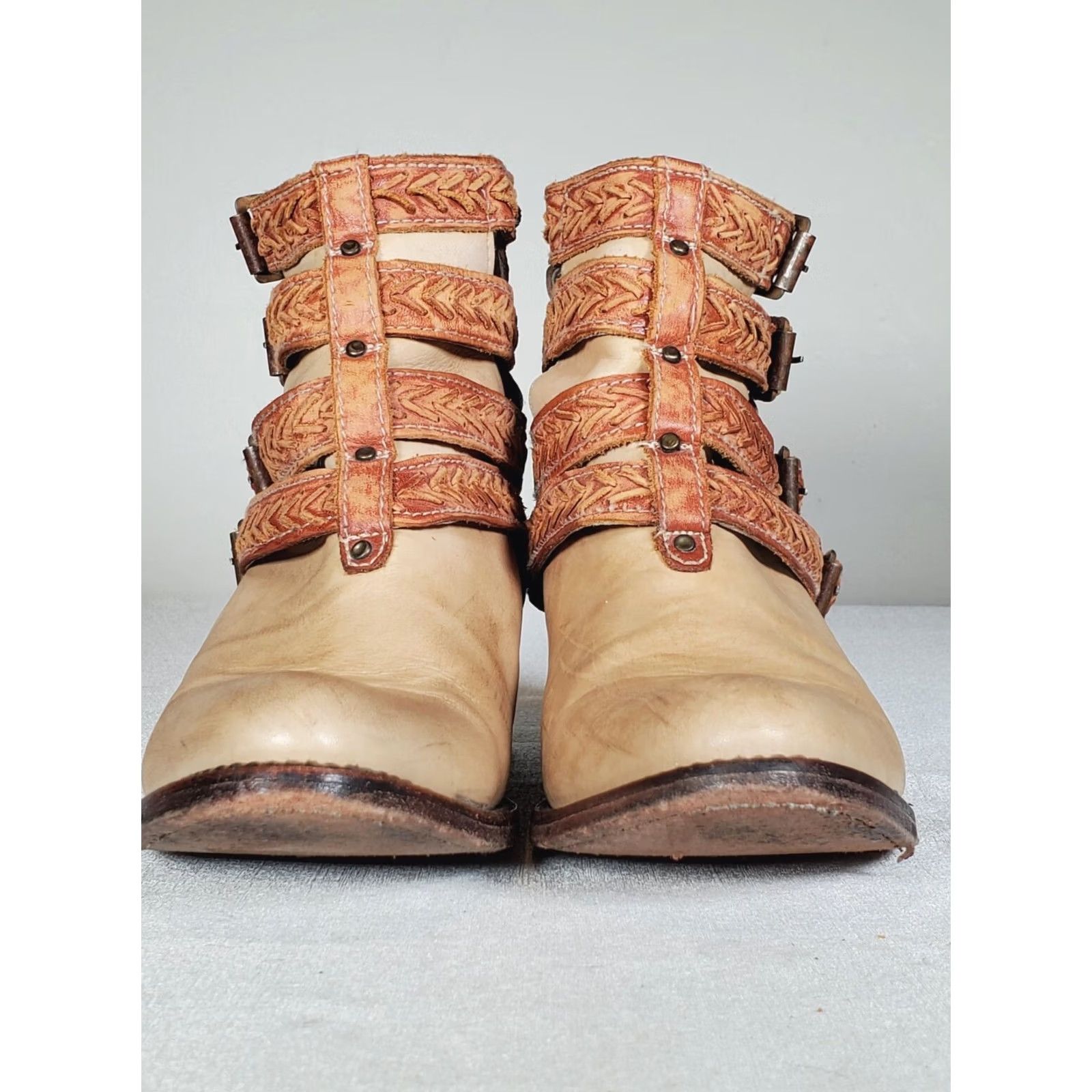 FREEBIRD FREEBIRD by STEVEN FB ROPER Leather Ankle Boots Light Tan Four Rust Braided Straps Buckles Women US 8 Size US 8 / IT 38 - 7 Thumbnail