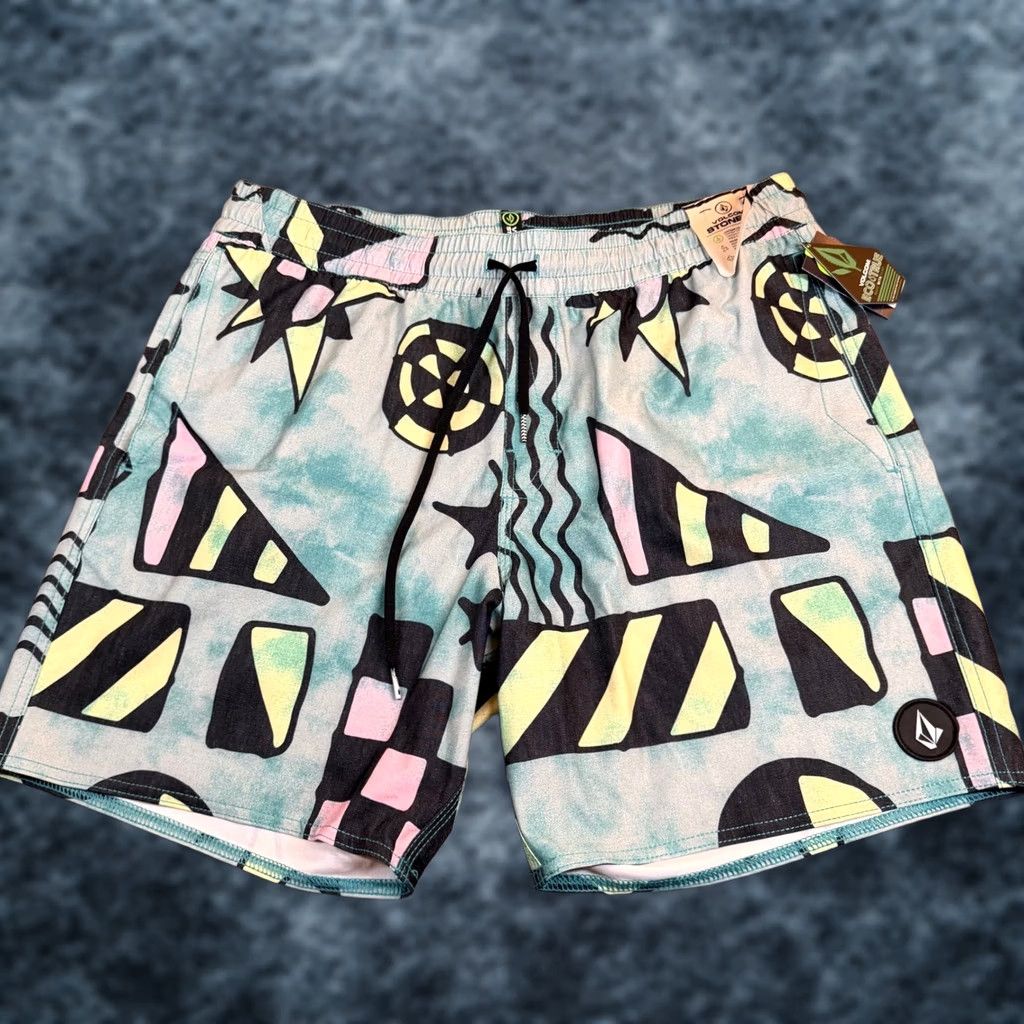 Volcom Volcom Stoney Board Shorts Mens Large Teal Geometric Hemp Blend Stretch NWT Size US 33 - 1 Thumbnail
