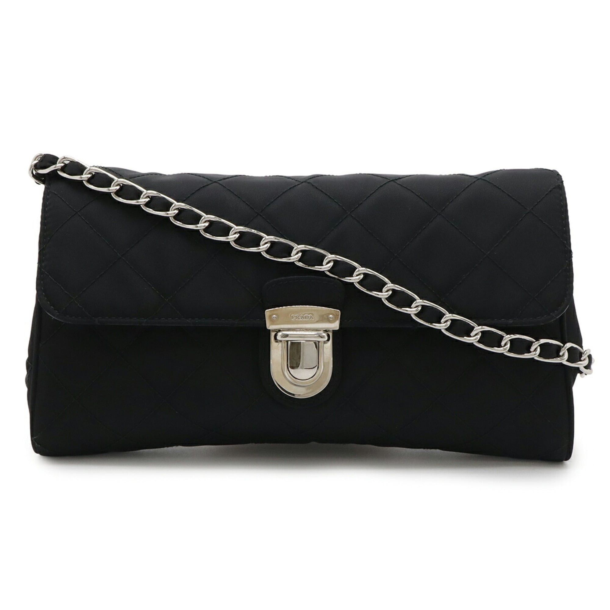 Prada Chain Bag, Shoulder Clutch Quilted Nylon And Leather, Black, 1Bh584, Women's