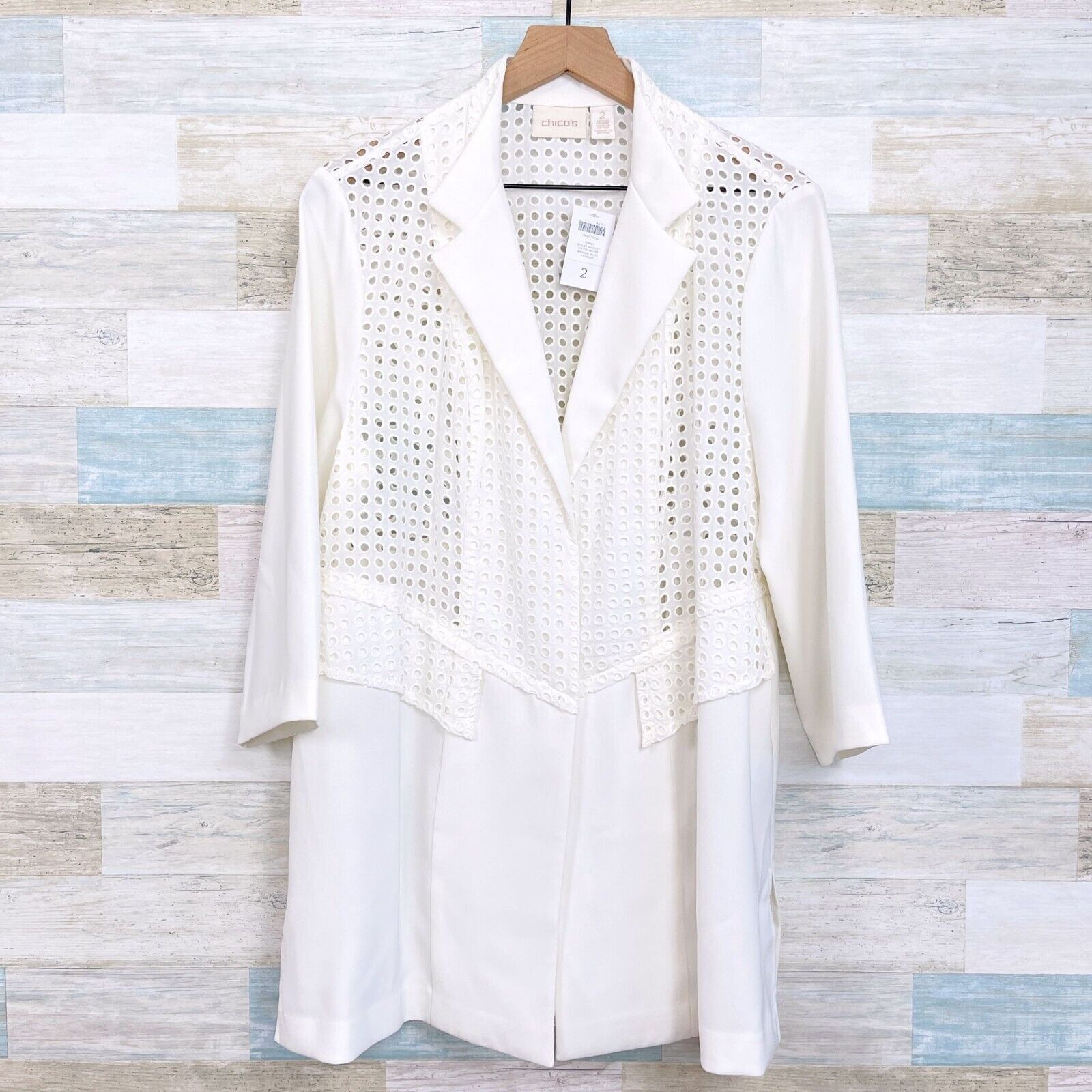 Chicos Chicos Eyelet Novelty Duster Jacket White 3/4 Large 2 Size L / US 10 / IT 46 - 1 Thumbnail