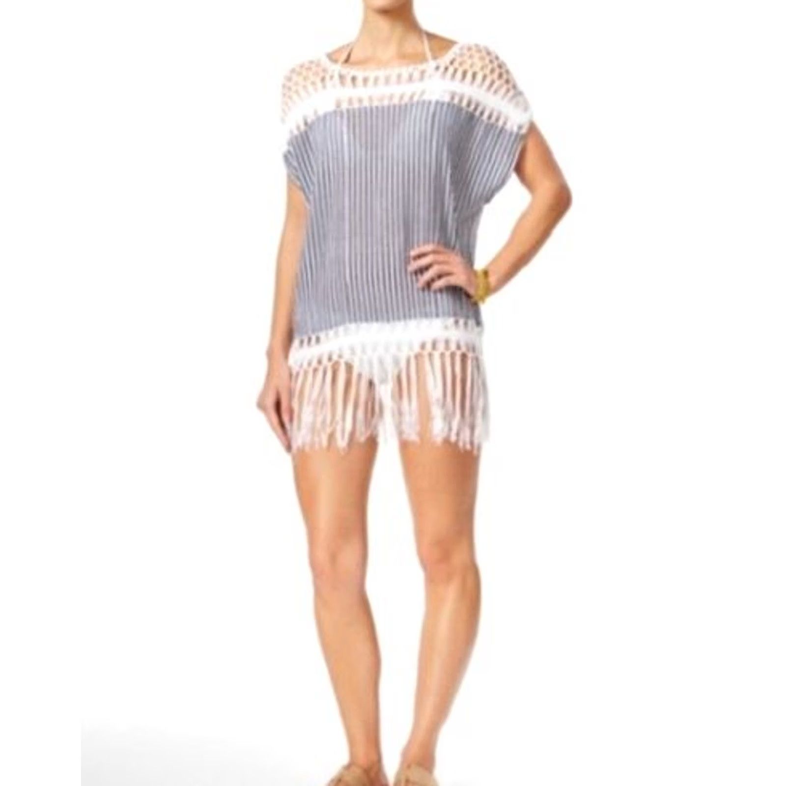 Steve Madden Steve Madden Crochet Cotton Beach Tunic Swim Cover-Up Navy Stripe One Size Women Stripe Beach Cover Up Women Navy Blue Crochet Cotton Tunic Size ONE SIZE - 2 Thumbnail