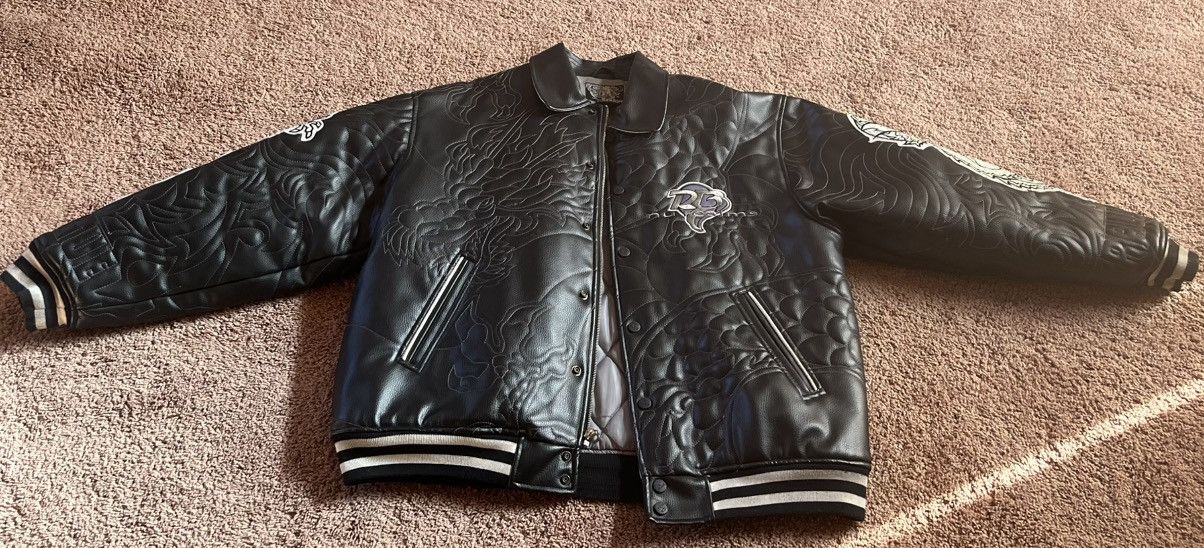Other Raw Blue Leather Varsity Jacket–Quilted Dragon Embossed–Rare Size US XL / EU 56 / 4 - 2 Thumbnail
