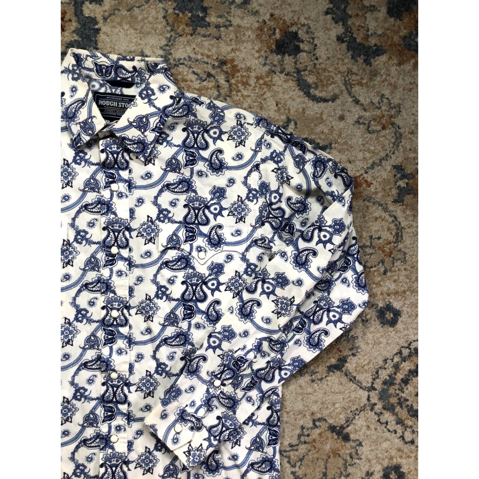 Vintage Rough Stock Shirt Mens Small Blue Paisley Western Pearl Snap Cowboy Long Sleeve Size US S / EU 44-46 / 1 - 4 Thumbnail