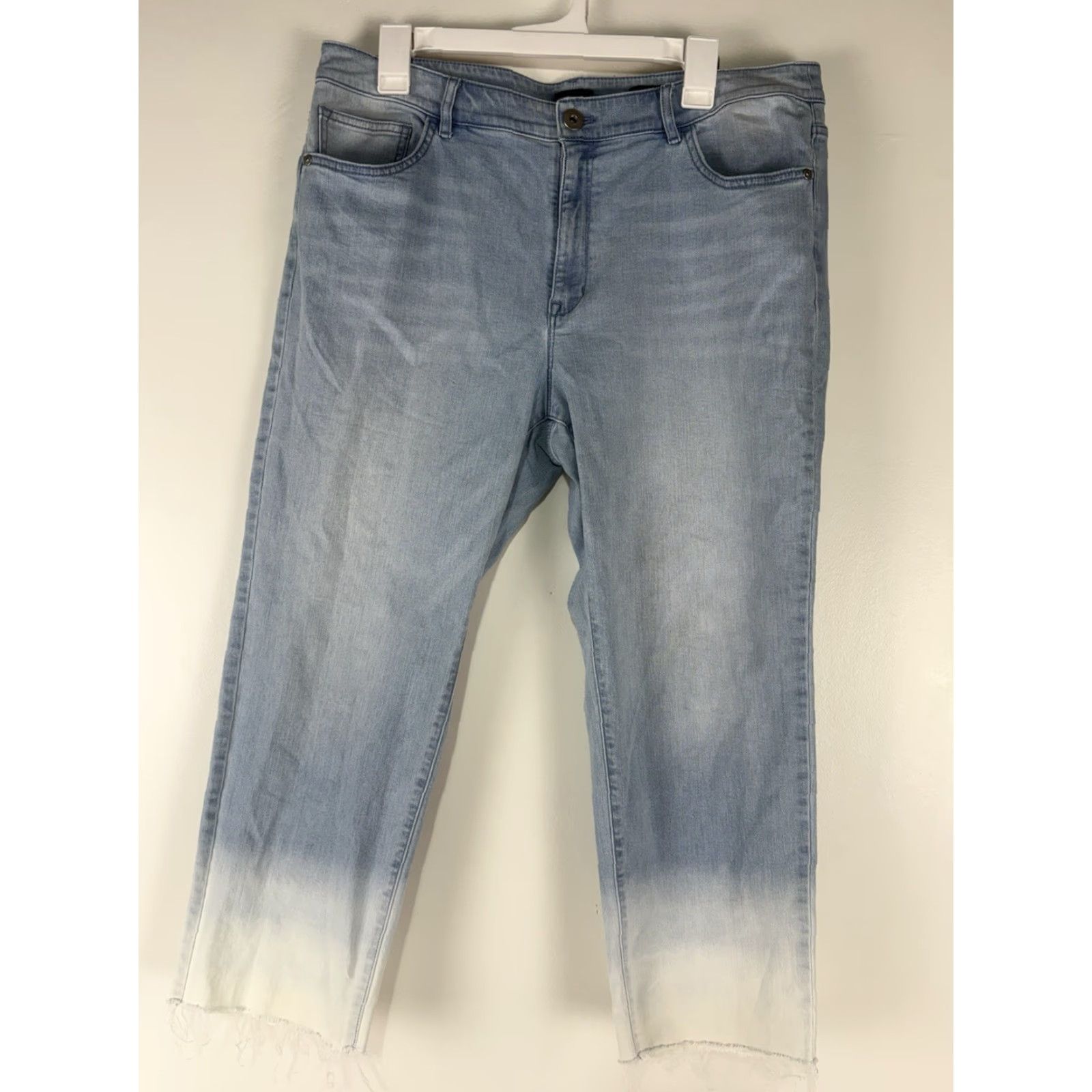 J. Jill J Jill Denim Hi-Rise Straight Jeans Womens 14P Blue Cotton Spandex 5-Pocket Button Zip Inseam 24in Bleached Lt Wash Cropped Leg 7.5in Rise 11in Size 36" / US 14 / IT 50 - 2 Thumbnail