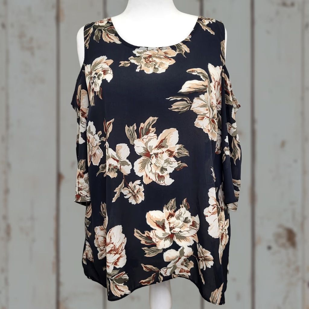 Vintage Moa Moa Women 2X Black Floral Cold Shoulder Semi Sheer Keyhole Back Elegant Blouse Shirt (2XL, Regular) Size XXL / US 16-18 / IT 52-54 - 1 Thumbnail