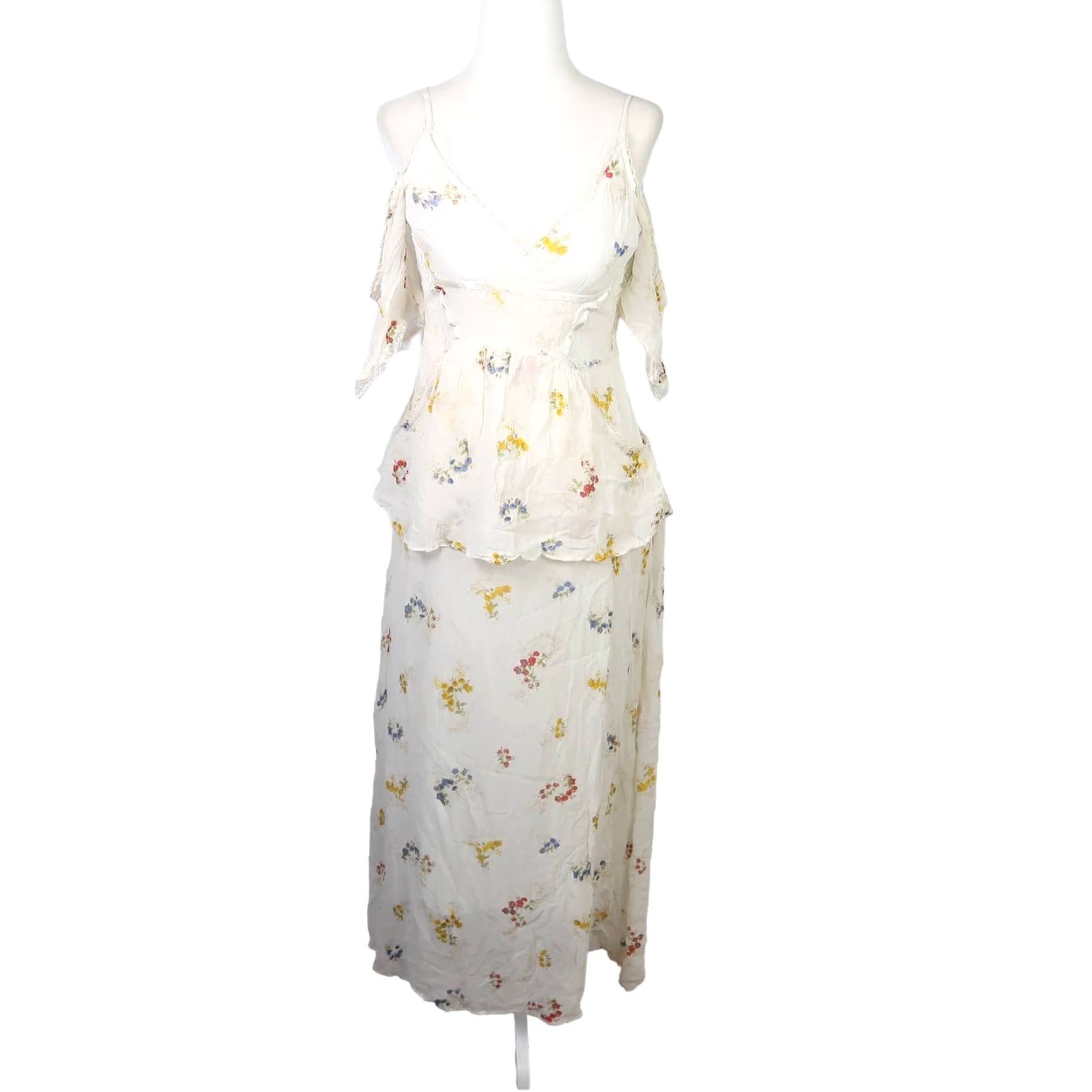 Free People Free People Magnolia White Floral Print Off Shoulder Midi Dress Women 0 V-Neck Rayon Summer Party/Cocktail Shirred Lace Trim Midi Dress Womens Size XS / US 0-2 / IT 36-38 - 2 Thumbnail